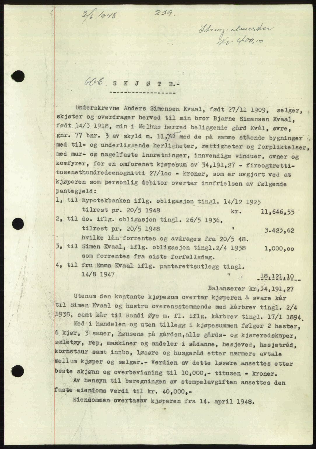 Gauldal sorenskriveri, SAT/A-0014/1/2/2C: Pantebok nr. A6, 1948-1948, Dagboknr: 666/1948