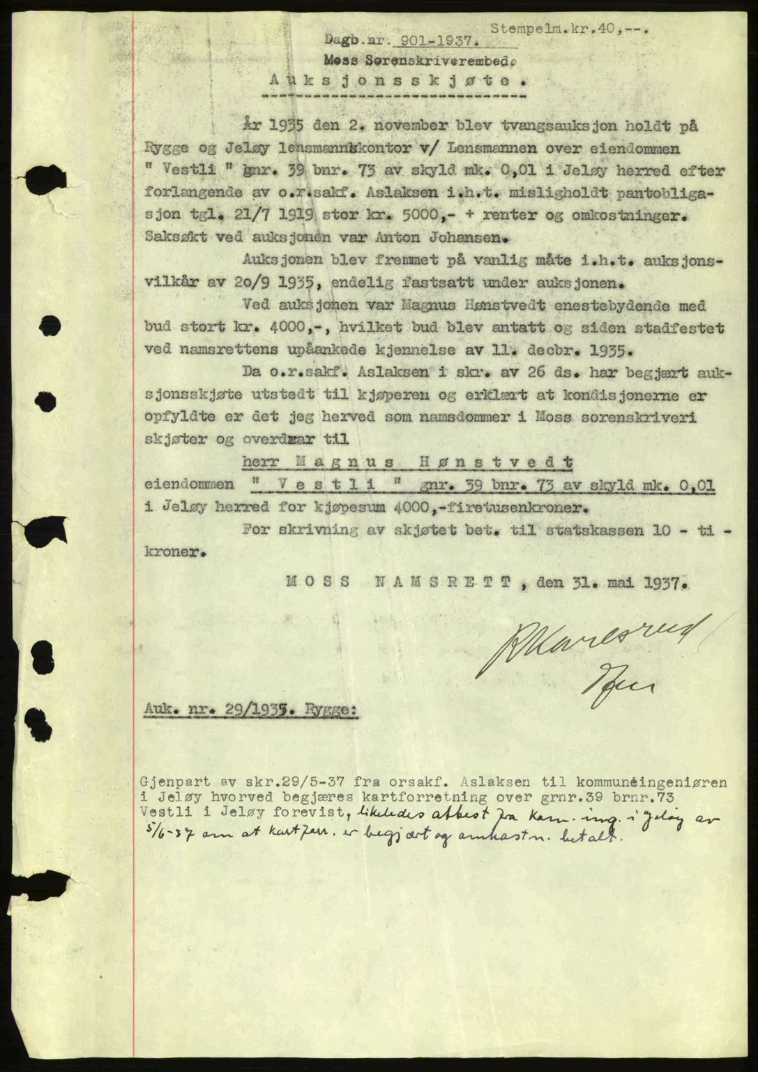 Moss sorenskriveri, SAO/A-10168: Pantebok nr. A2, 1936-1937, Dagboknr: 901/1937