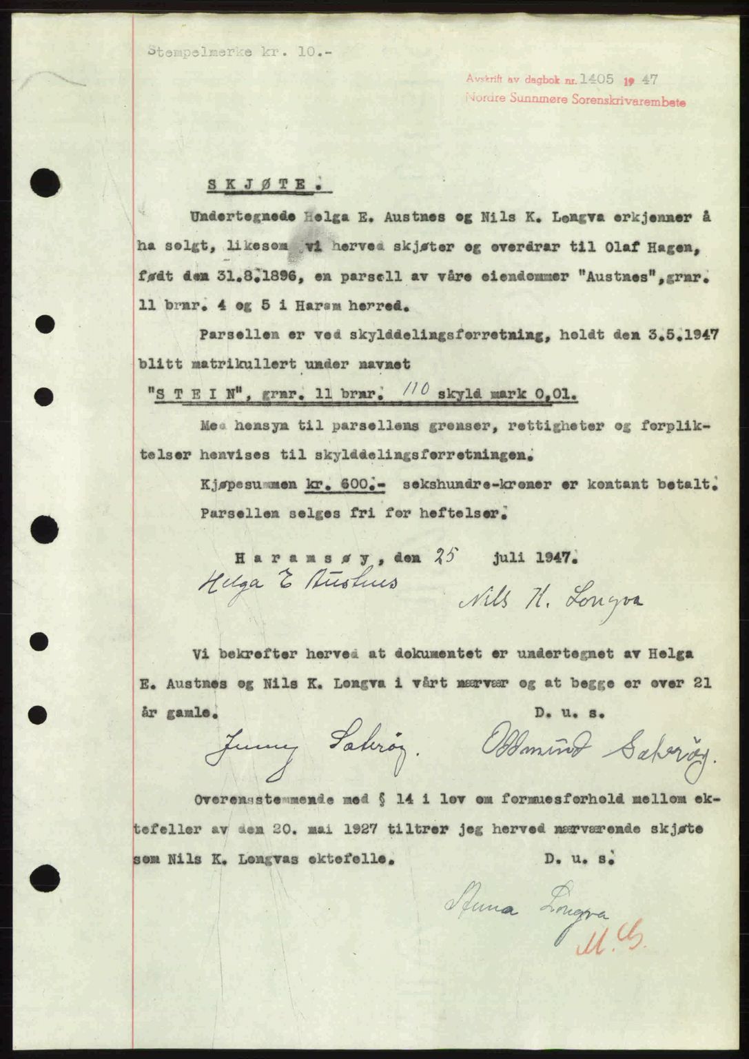 Nordre Sunnmøre sorenskriveri, AV/SAT-A-0006/1/2/2C/2Ca: Pantebok nr. A25, 1947-1947, Dagboknr: 1405/1947