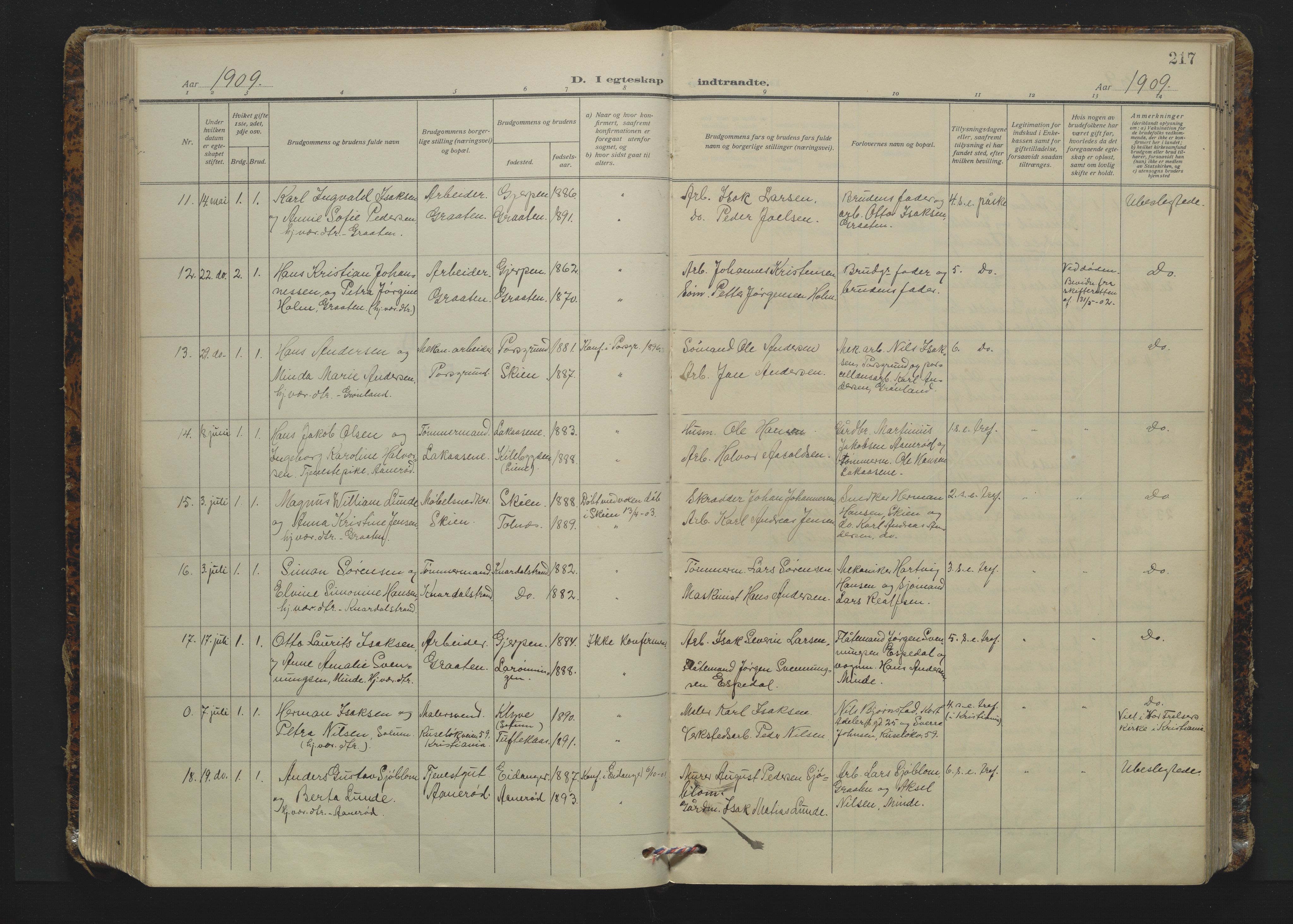 Solum kirkebøker, AV/SAKO-A-306/F/Fa/L0012: Ministerialbok nr. I 12, 1909-1922, s. 217