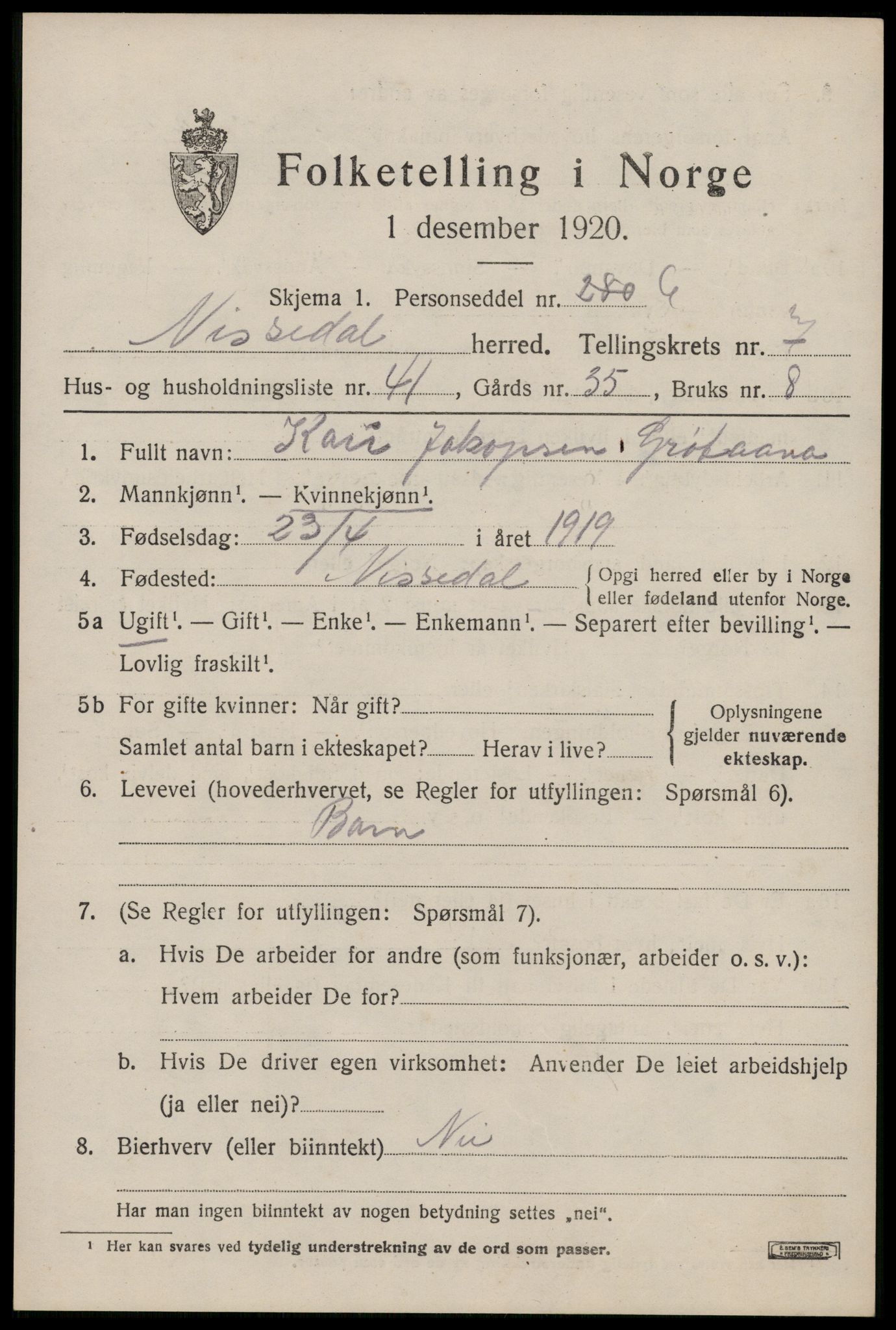 SAKO, Folketelling 1920 for 0830 Nissedal herred, 1920, s. 3031