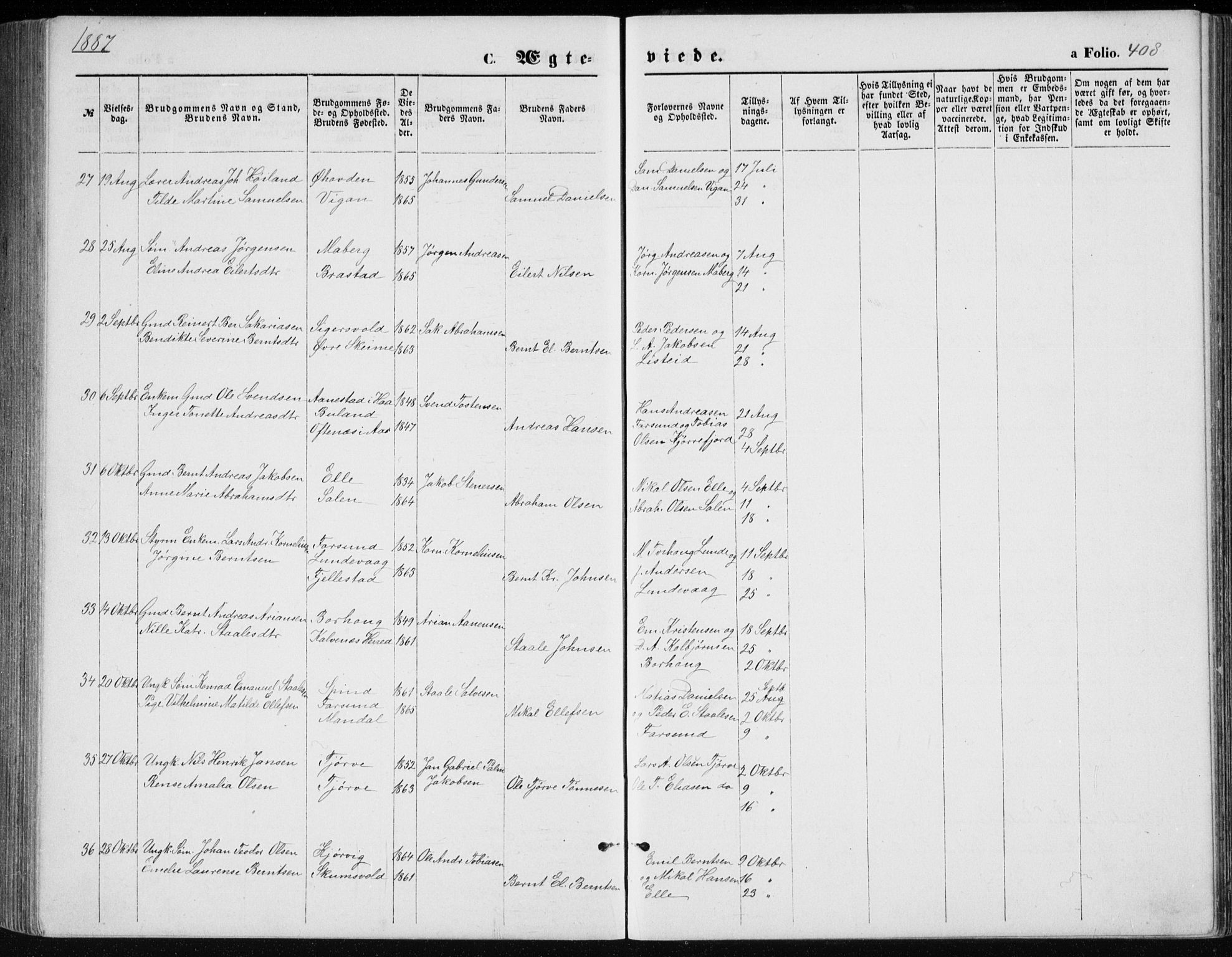 Lista sokneprestkontor, AV/SAK-1111-0027/F/Fb/L0004: Klokkerbok nr. B 4, 1877-1891, s. 408