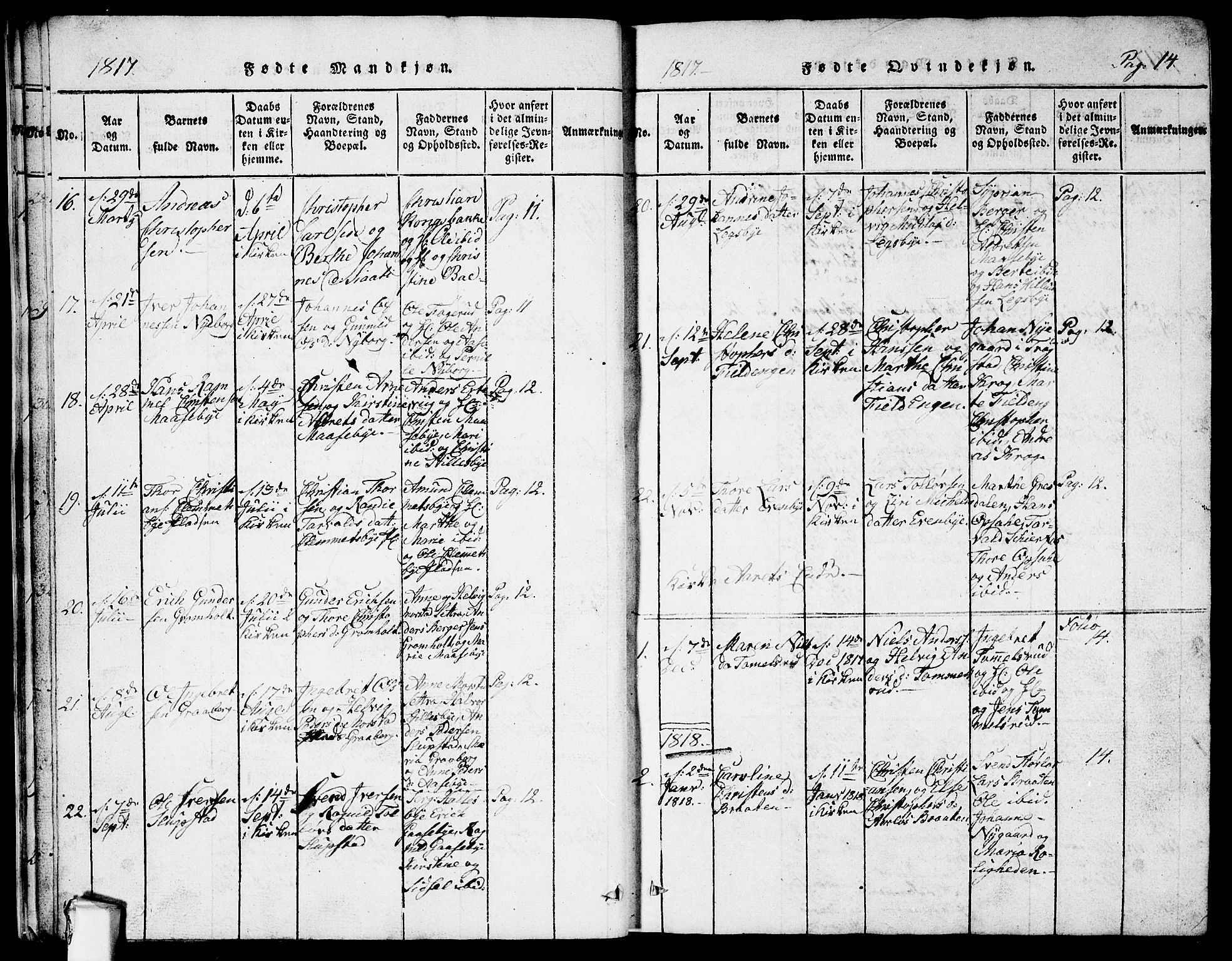 Rødenes prestekontor Kirkebøker, SAO/A-2005/G/Ga/L0001: Klokkerbok nr.  I 1, 1814-1841, s. 14