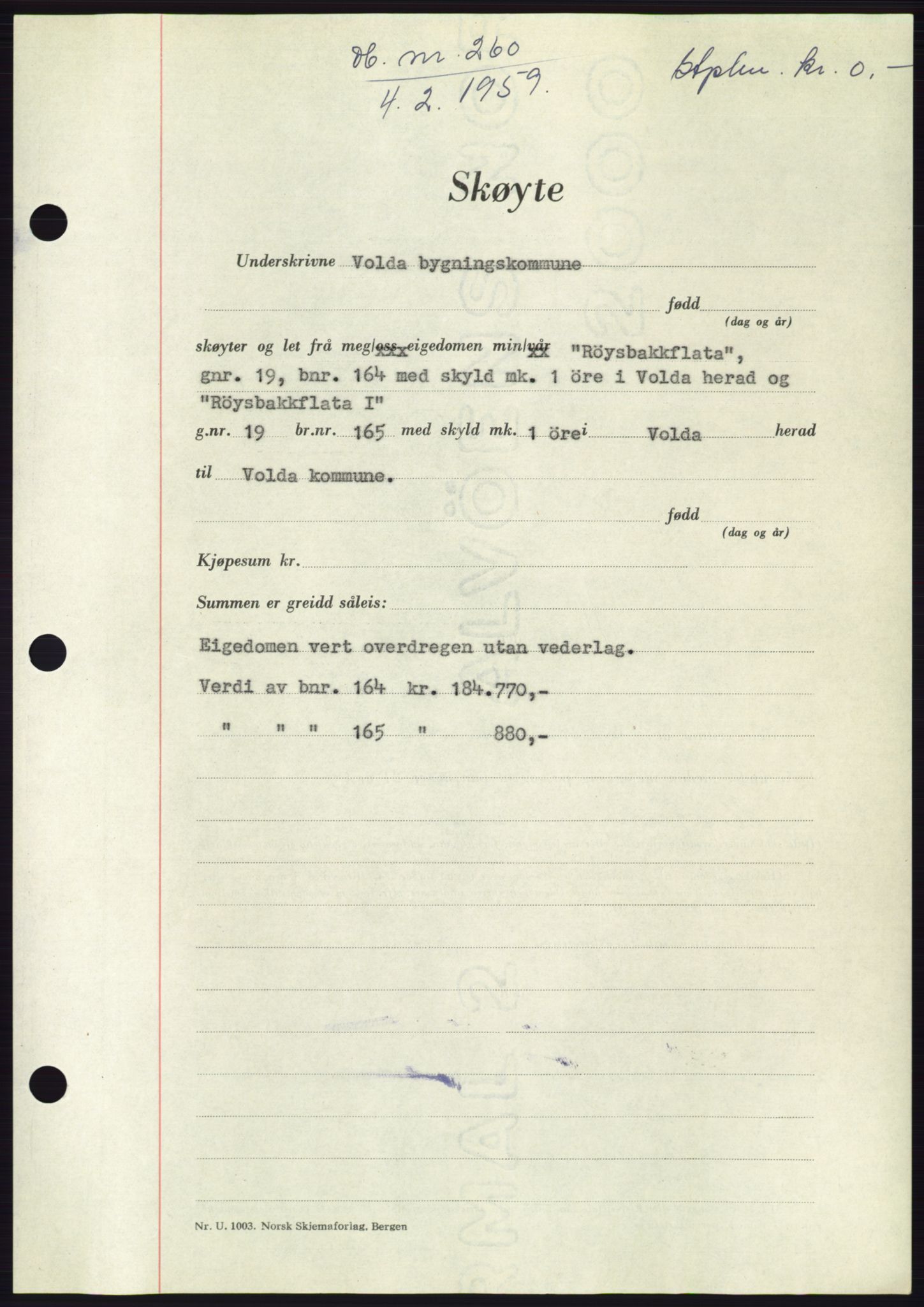 Søre Sunnmøre sorenskriveri, SAT/A-4122/1/2/2C/L0111: Pantebok nr. 37A, 1958-1959, Dagboknr: 260/1959