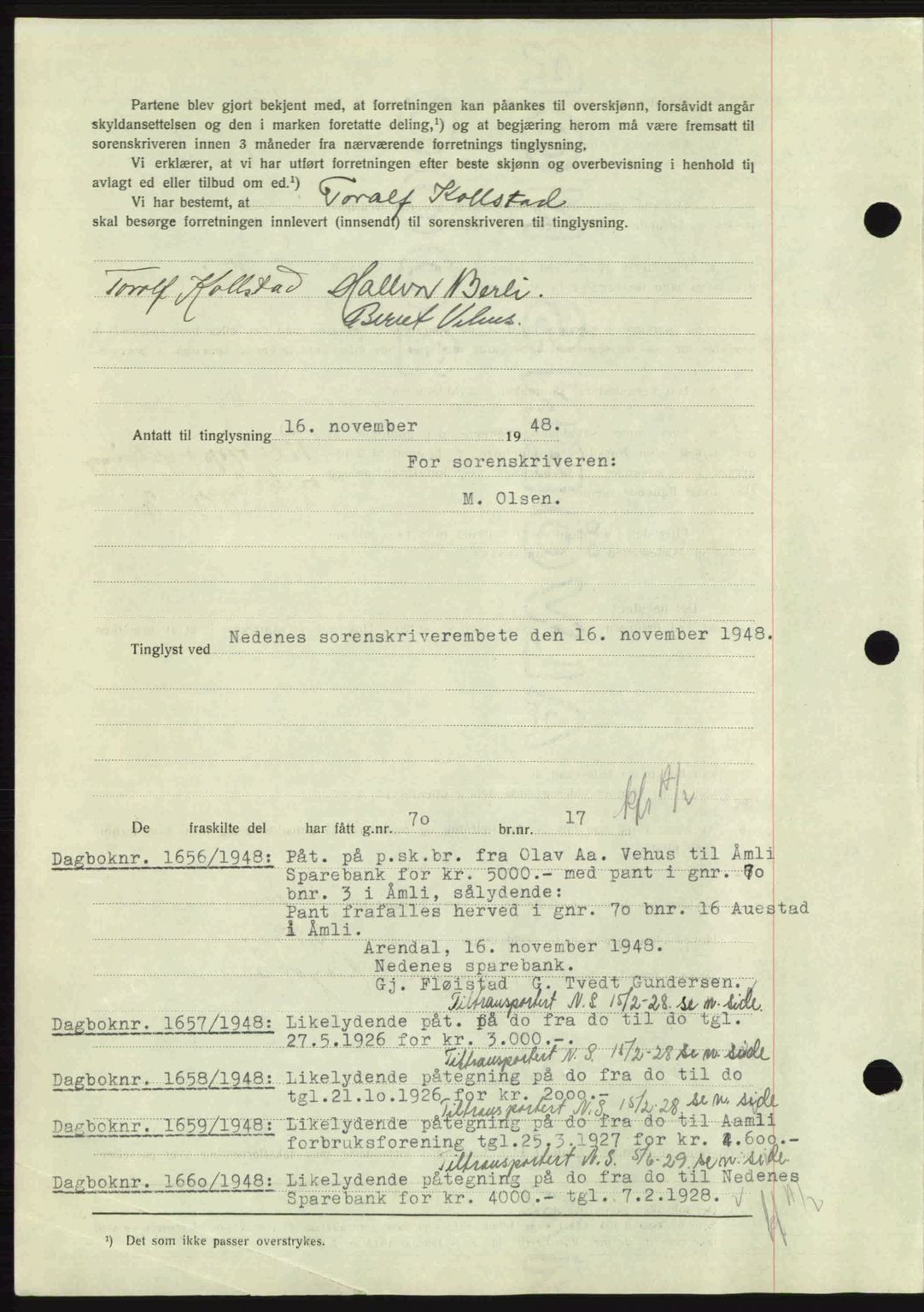 Nedenes sorenskriveri, AV/SAK-1221-0006/G/Gb/Gba/L0060: Pantebok nr. A12, 1948-1949, Dagboknr: 1655/1948