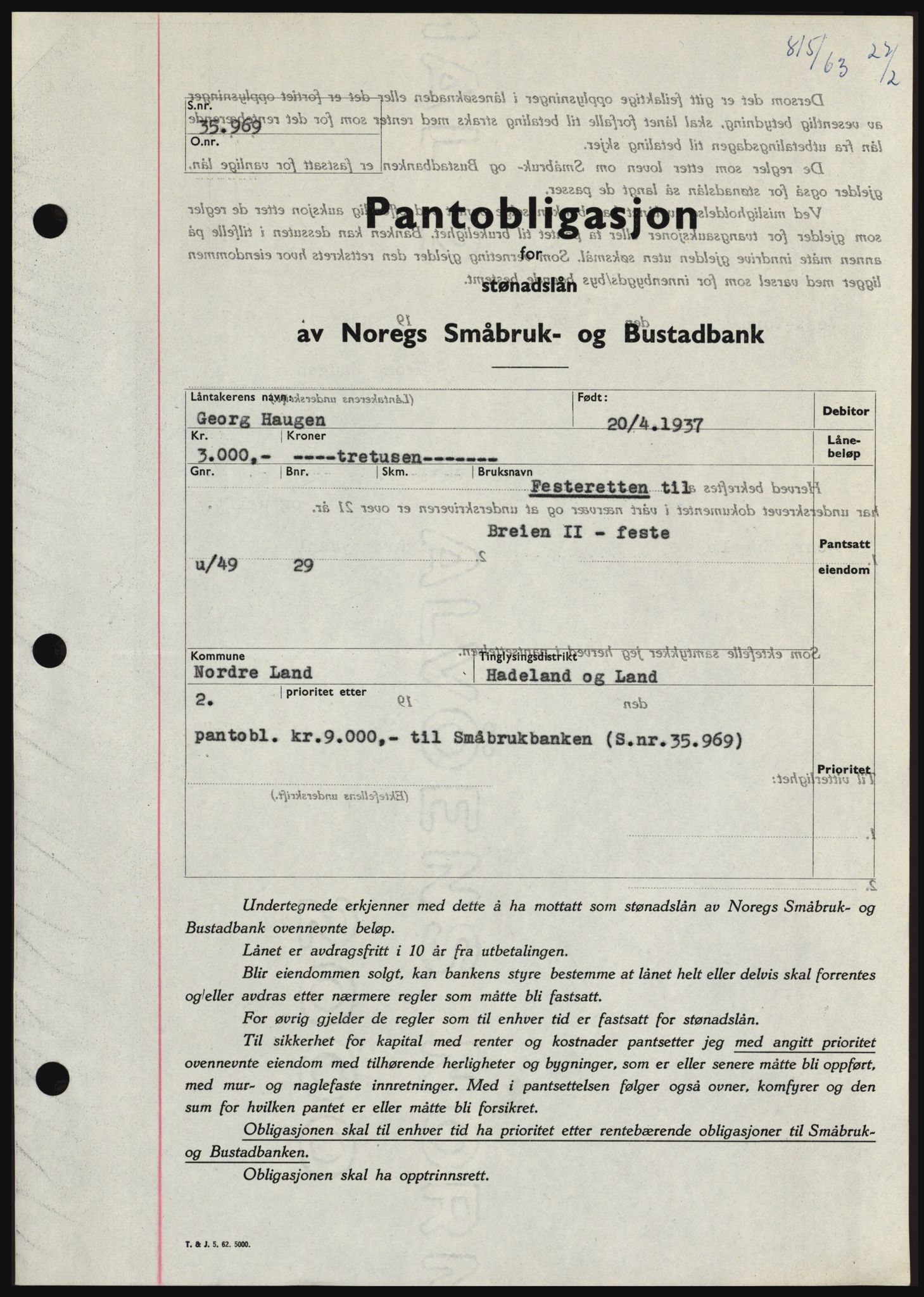 Hadeland og Land tingrett, SAH/TING-010/H/Hb/Hbc/L0050: Pantebok nr. B50, 1962-1963, Dagboknr: 815/1963