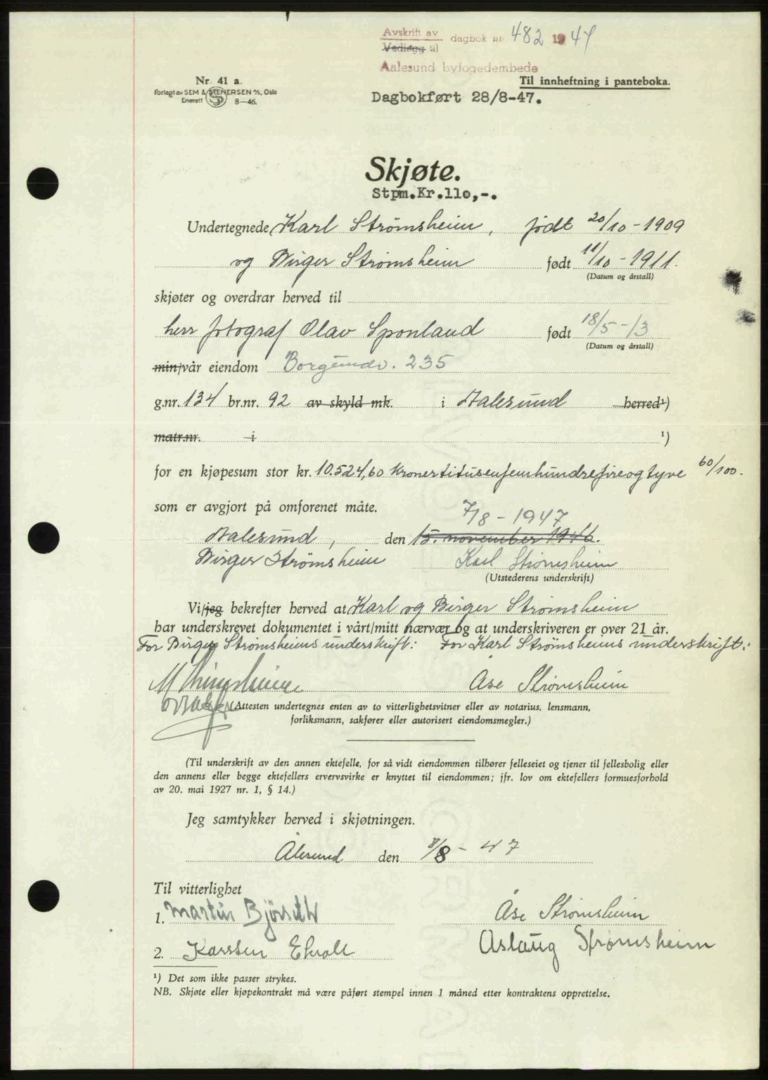 Ålesund byfogd, AV/SAT-A-4384: Pantebok nr. 37A (1), 1947-1949, Dagboknr: 482/1947