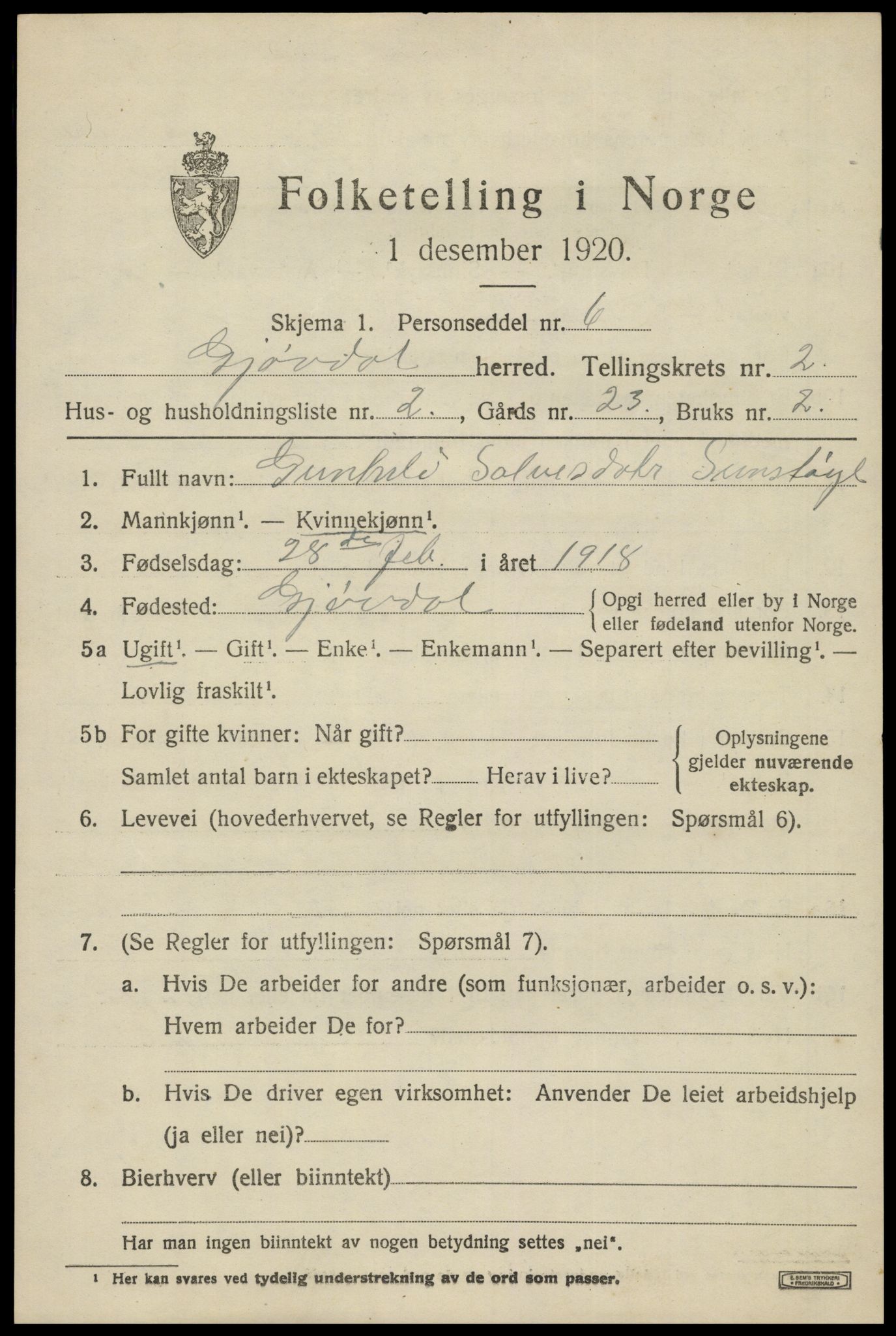 SAK, Folketelling 1920 for 0930 Gjøvdal herred, 1920, s. 848