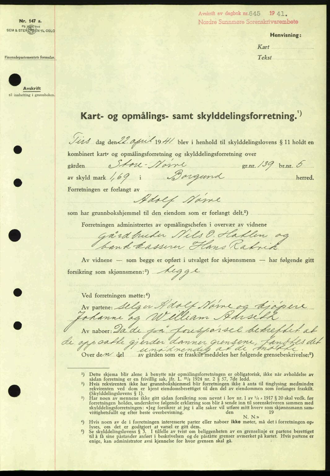 Nordre Sunnmøre sorenskriveri, SAT/A-0006/1/2/2C/2Ca: Pantebok nr. A10, 1940-1941, Dagboknr: 645/1941