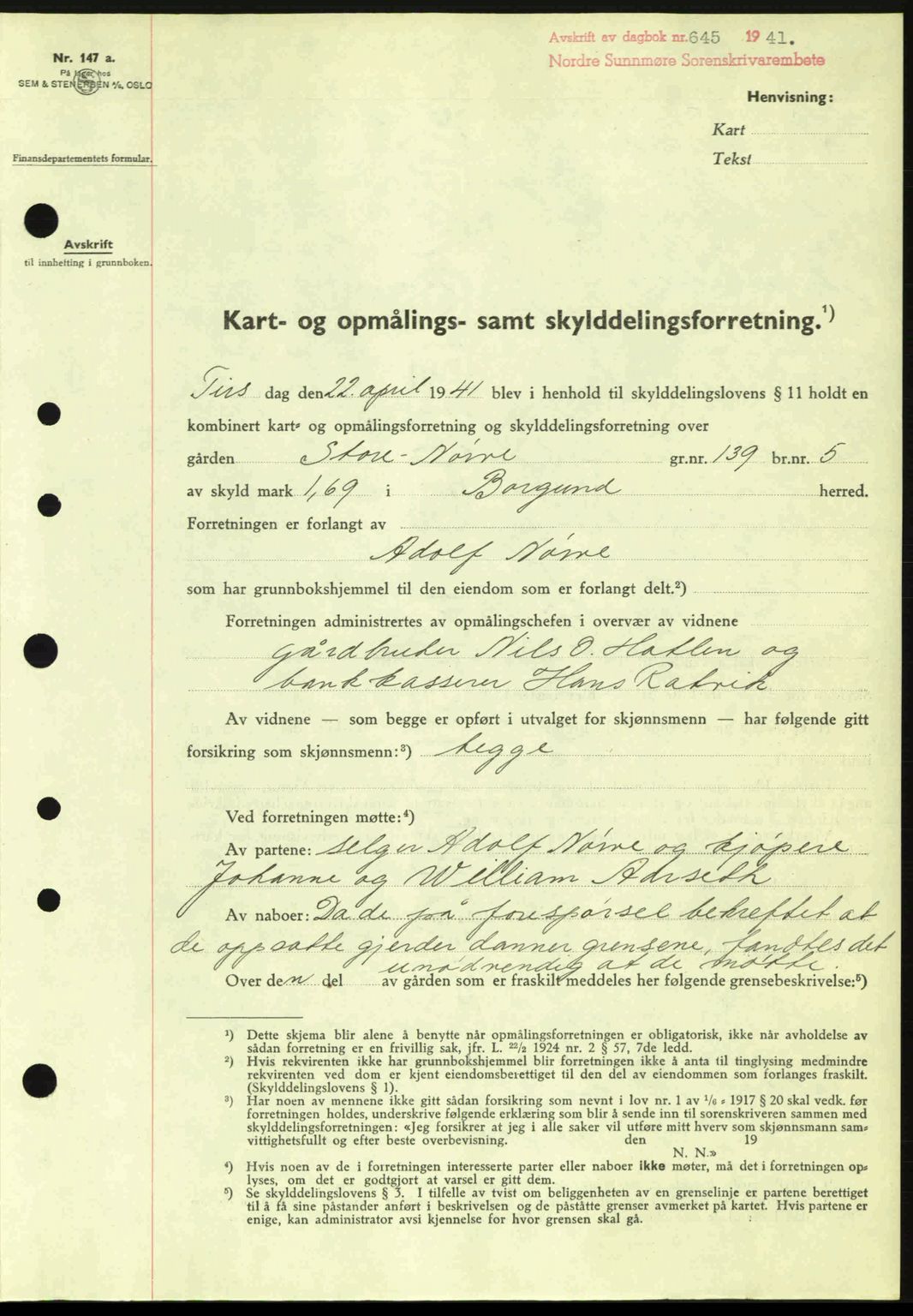 Nordre Sunnmøre sorenskriveri, AV/SAT-A-0006/1/2/2C/2Ca: Pantebok nr. A10, 1940-1941, Dagboknr: 645/1941