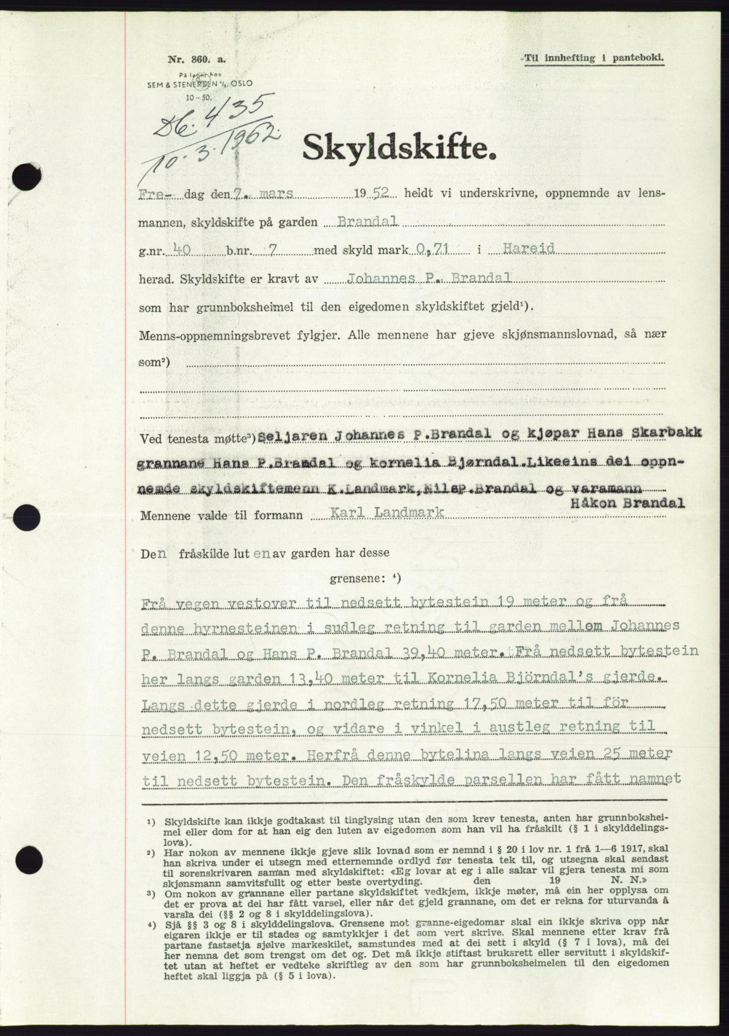 Søre Sunnmøre sorenskriveri, SAT/A-4122/1/2/2C/L0091: Pantebok nr. 17A, 1951-1952, Dagboknr: 435/1952