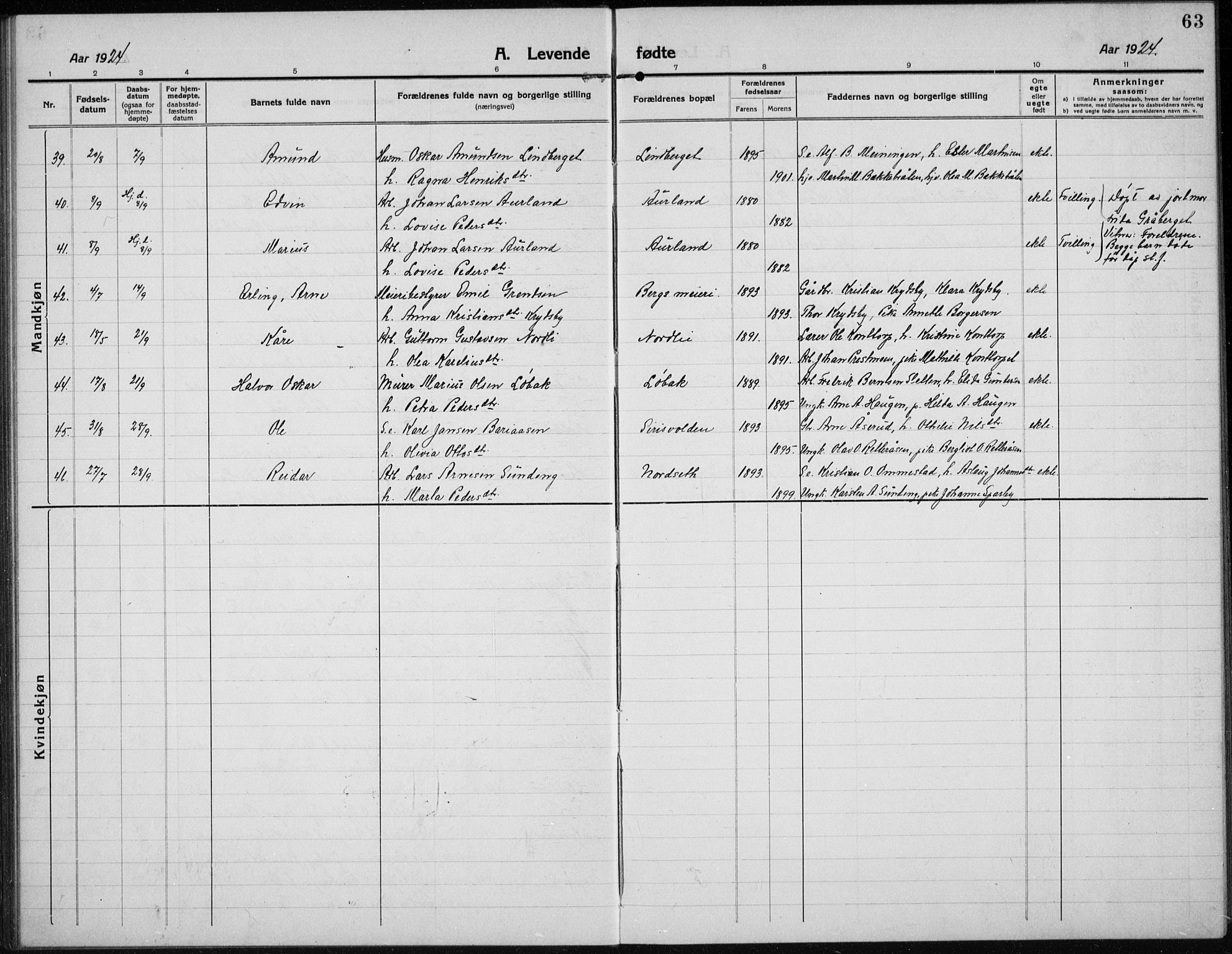 Hof prestekontor, AV/SAH-PREST-038/H/Ha/Hab/L0002: Klokkerbok nr. 2, 1915-1934, s. 63
