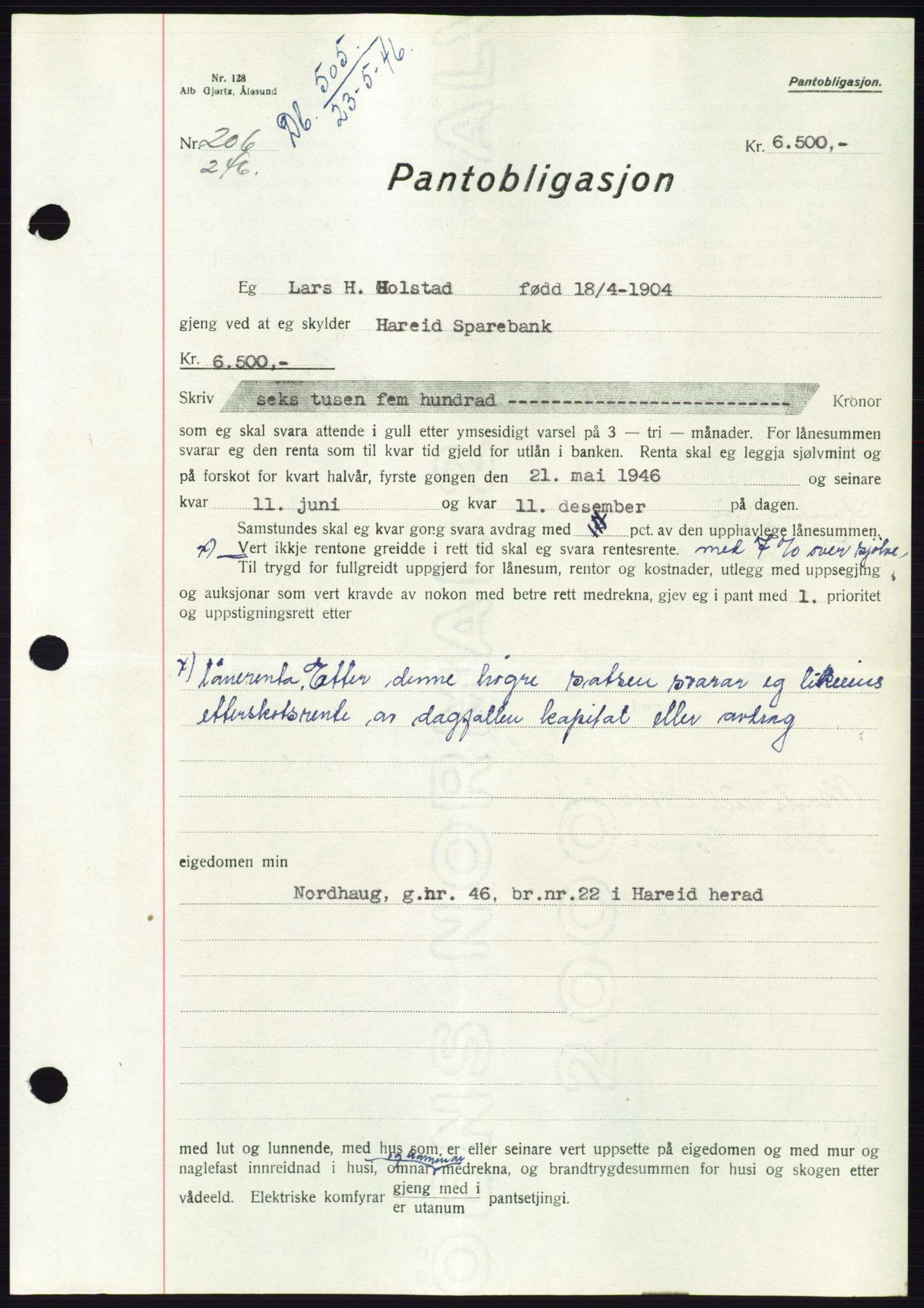 Søre Sunnmøre sorenskriveri, AV/SAT-A-4122/1/2/2C/L0114: Pantebok nr. 1-2B, 1943-1947, Dagboknr: 505/1946