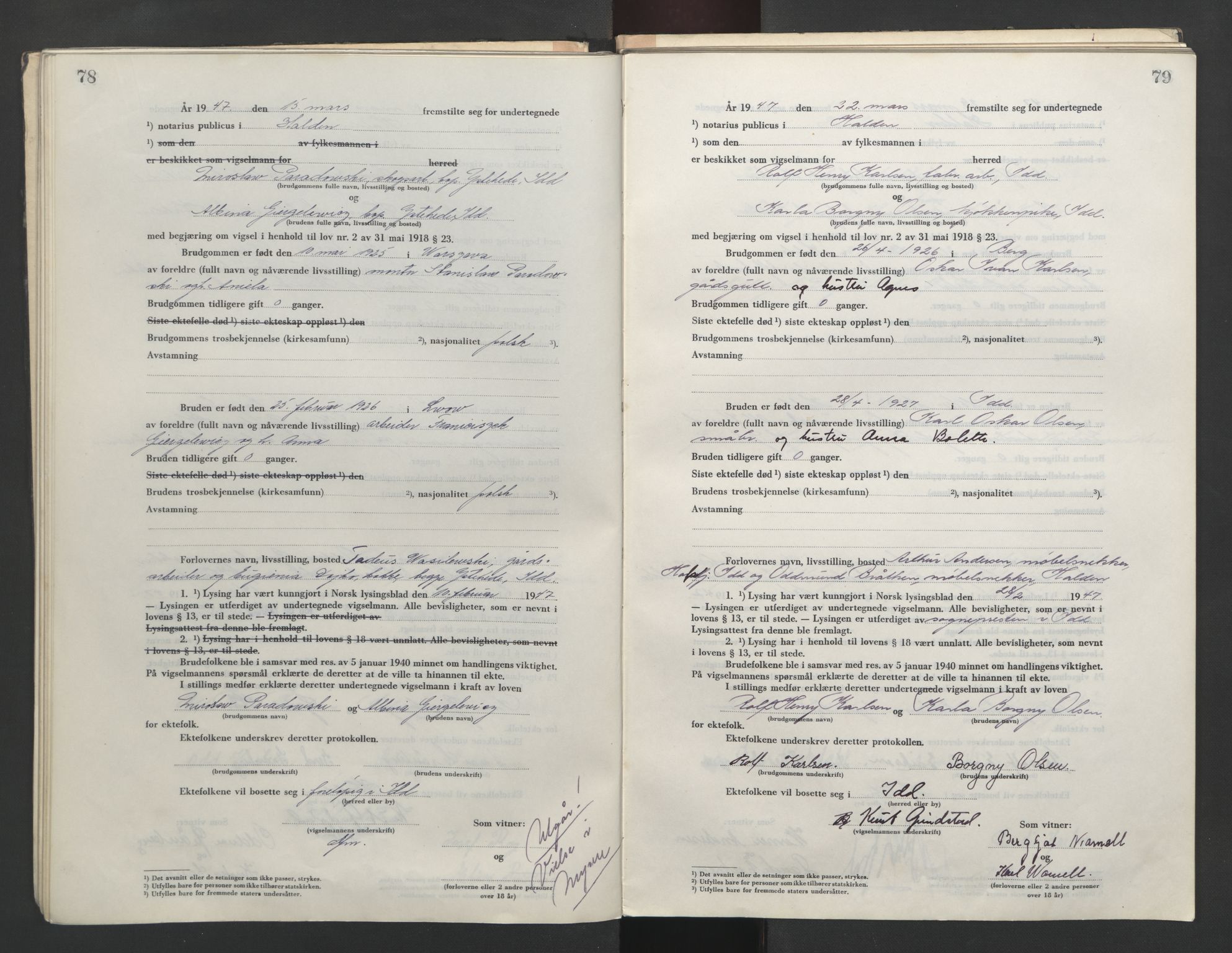 Idd og Marker sorenskriveri, AV/SAO-A-10283/L/Lc/L0001/0004: Vigselsbøker / Vigselsbok, 1945-1949, s. 78-79