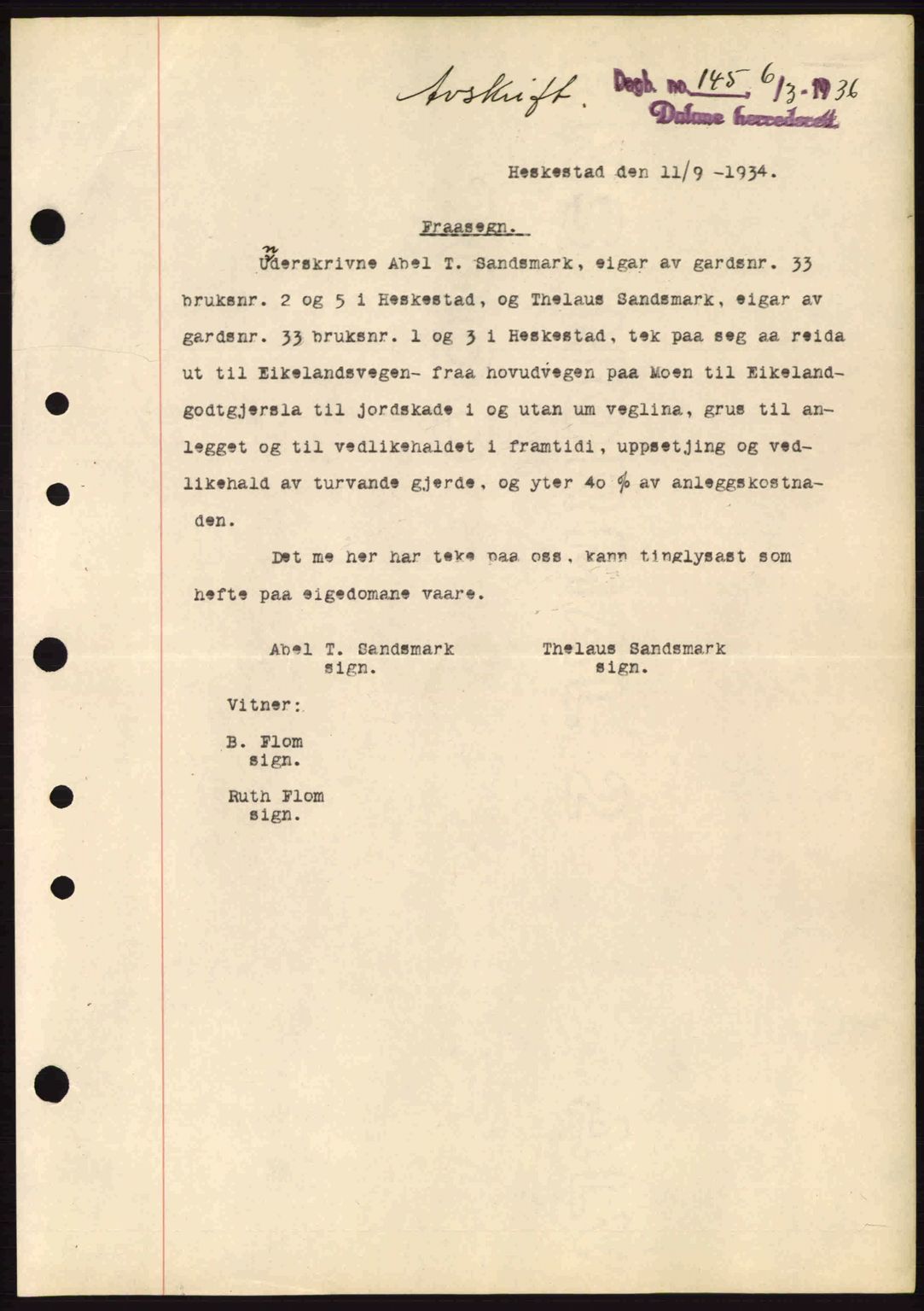 Dalane sorenskriveri, SAST/A-100309/02/G/Gb/L0040: Pantebok nr. A1, 1936-1936, Dagboknr: 145/1936