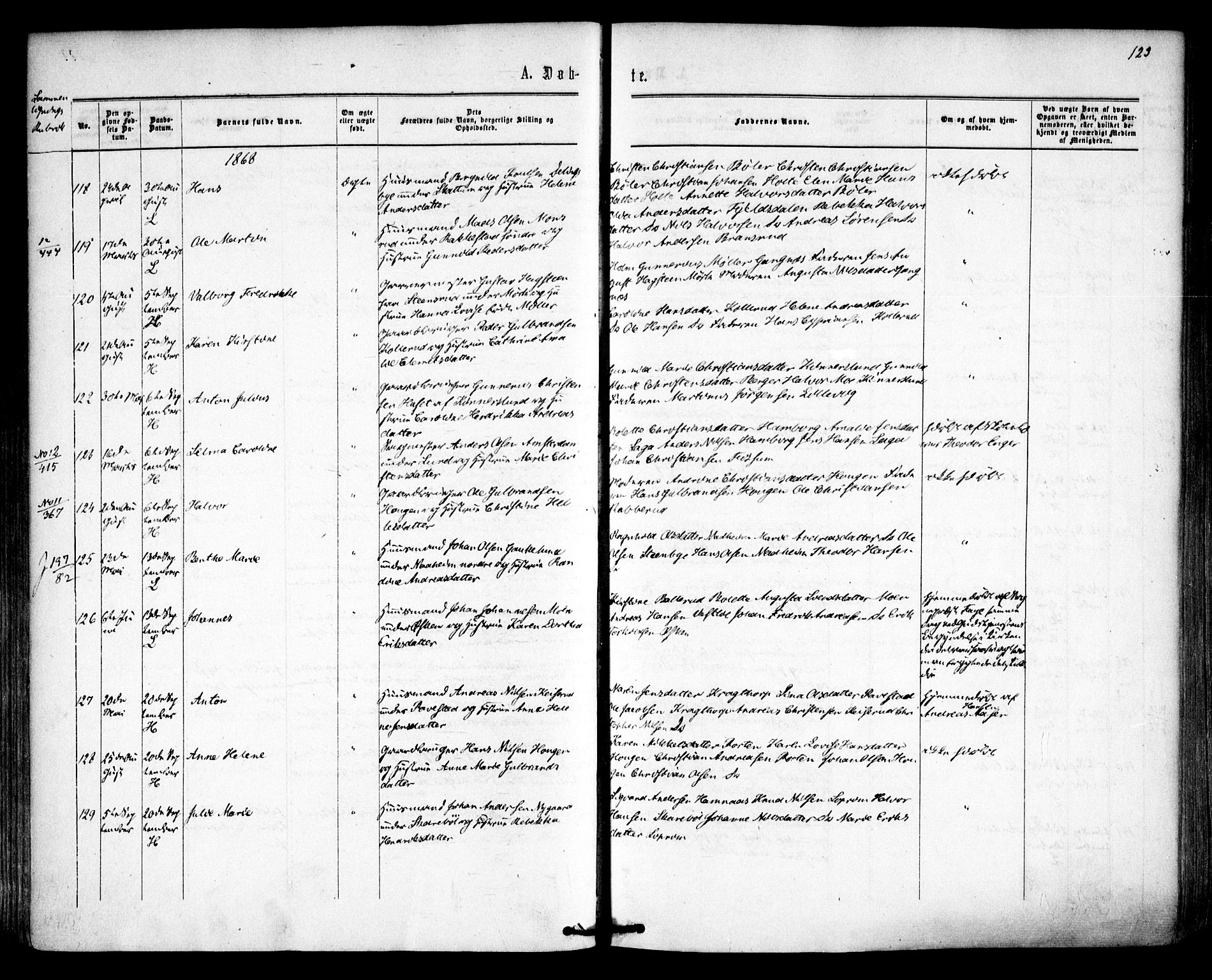 Høland prestekontor Kirkebøker, AV/SAO-A-10346a/F/Fa/L0011: Ministerialbok nr. I 11, 1862-1869, s. 123