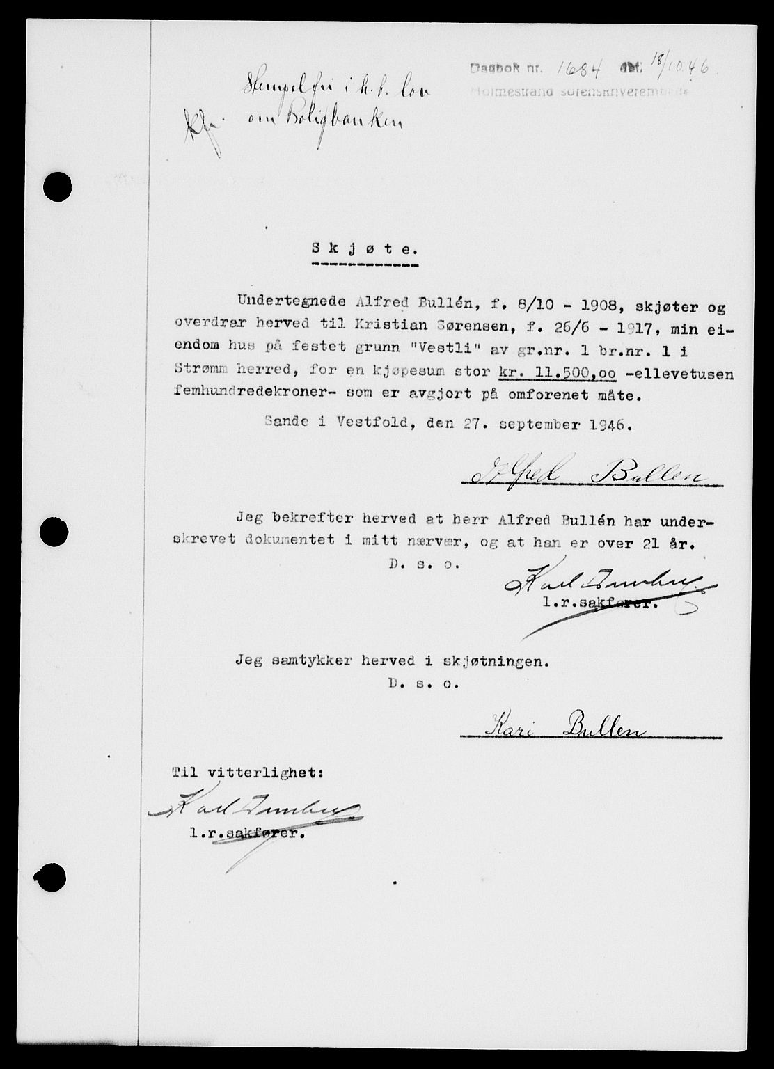 Holmestrand sorenskriveri, SAKO/A-67/G/Ga/Gaa/L0061: Pantebok nr. A-61, 1946-1947, Dagboknr: 1684/1946