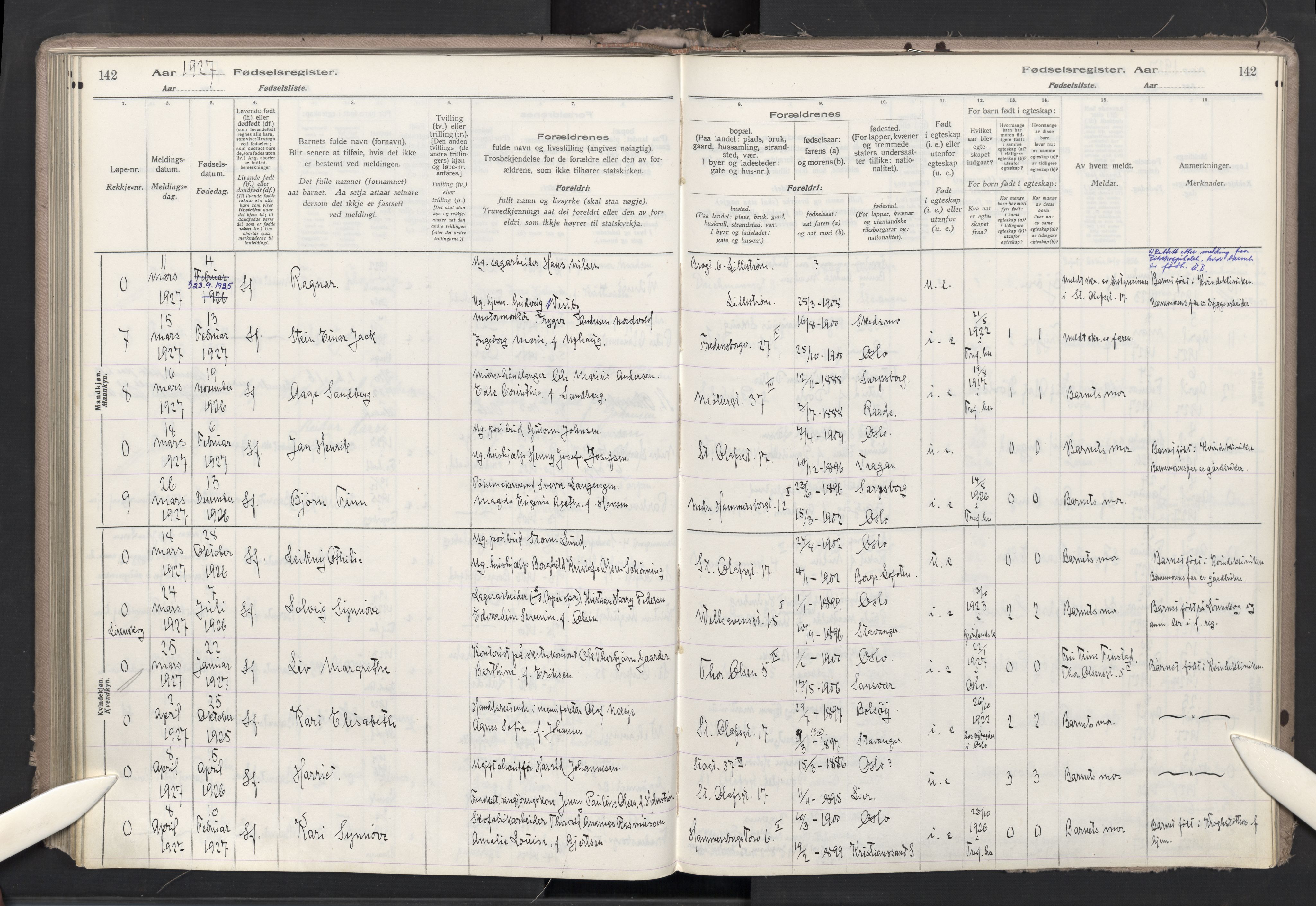 Trefoldighet prestekontor Kirkebøker, AV/SAO-A-10882/J/Ja/L0001: Fødselsregister nr. 1, 1916-1931, s. 142