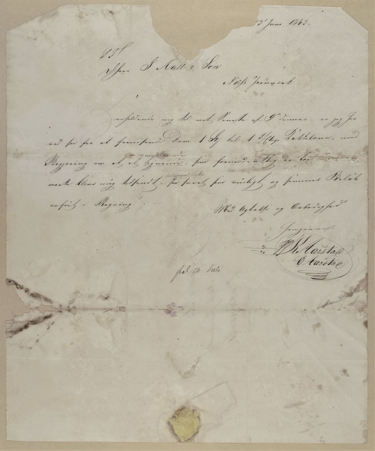 Familien Aalls privatarkiv , NESJ/NJM-005/E-00004/L0015: Inngående brev 1843, del 1, 1843
