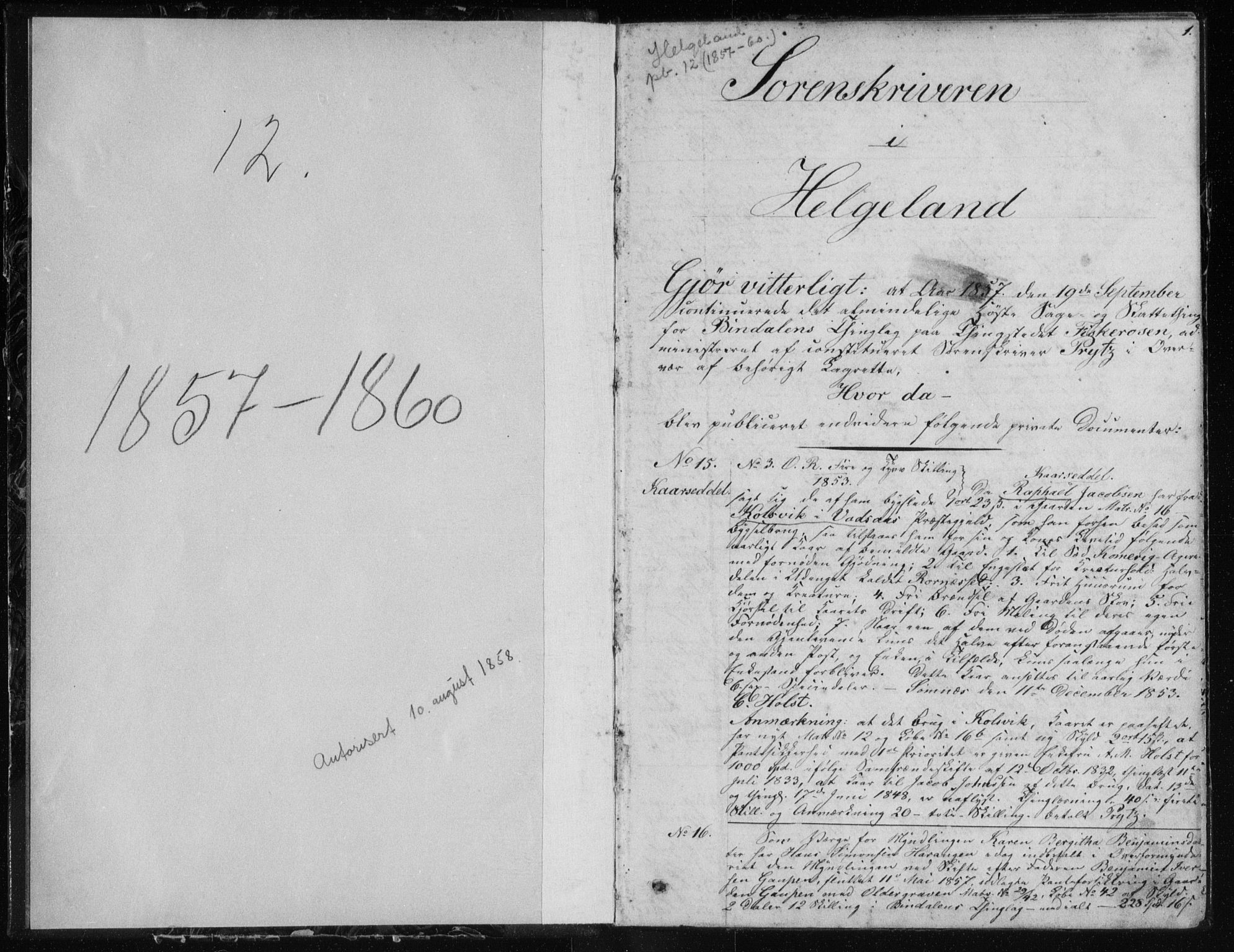 Helgeland sorenskriveri, SAT/A-0004/2/2C/L0013: Pantebok nr. 12, 1857-1860, s. 1