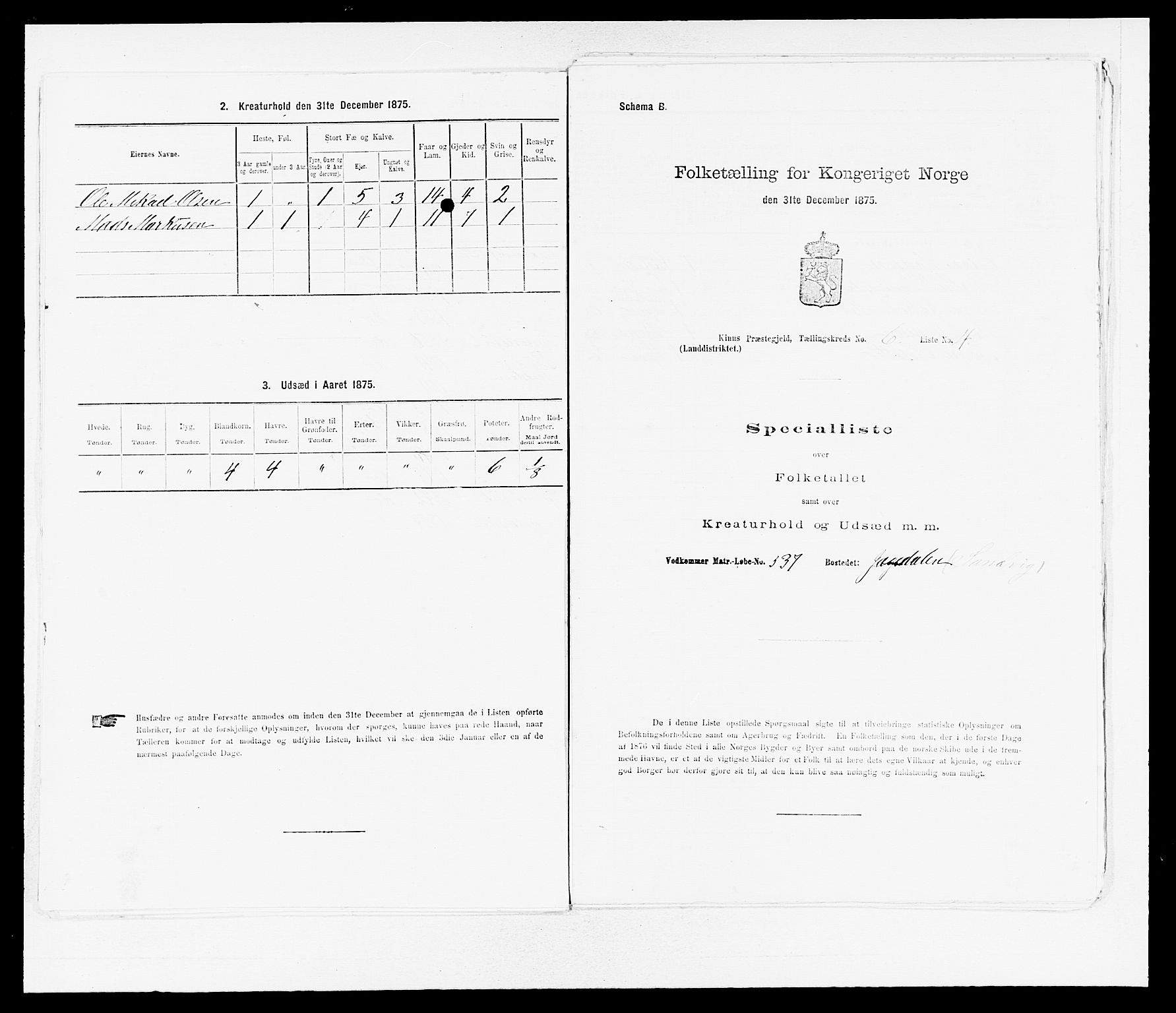 SAB, Folketelling 1875 for 1437L Kinn prestegjeld, Kinn sokn og Svanøy sokn, 1875, s. 609