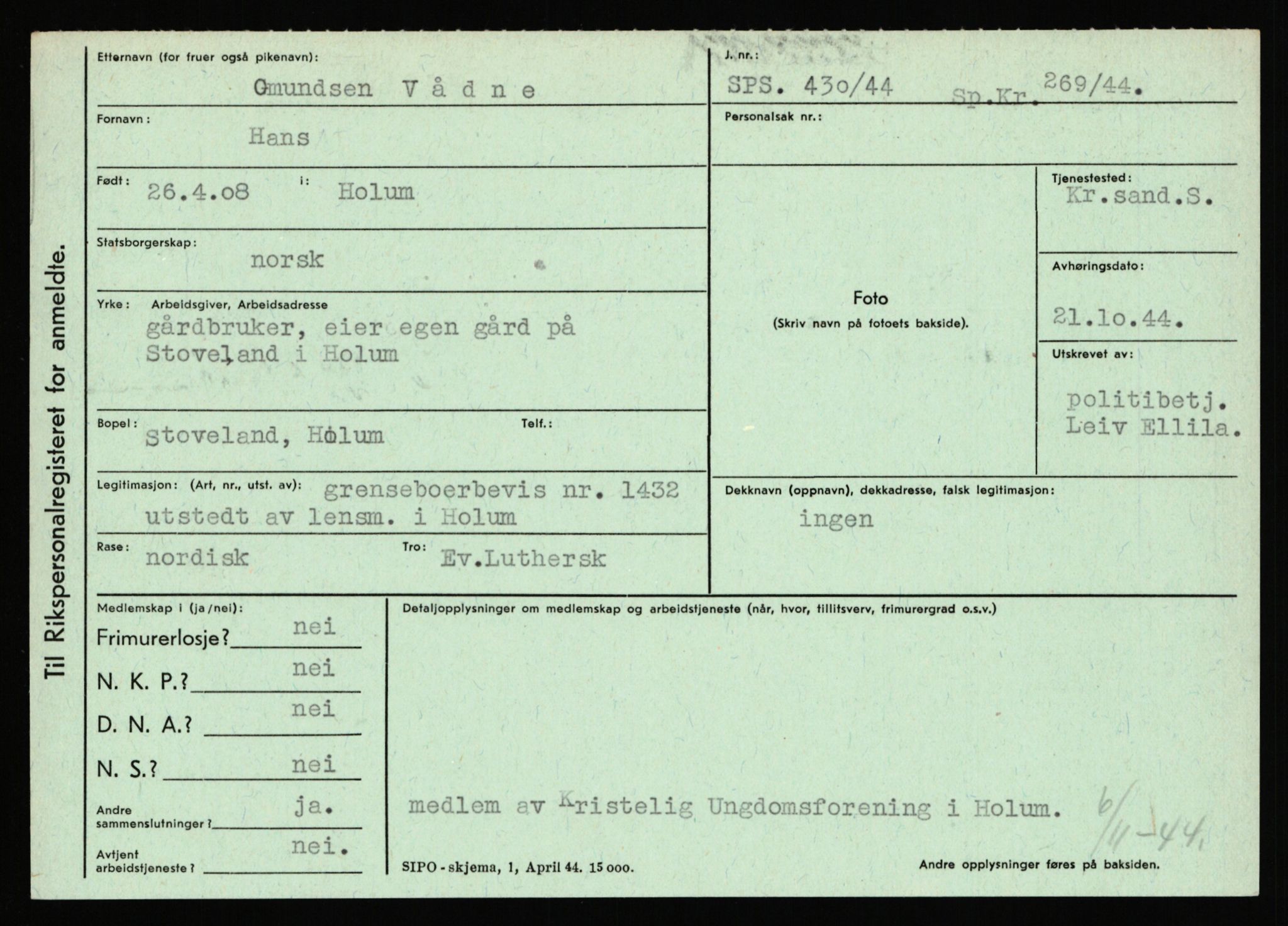 Statspolitiet - Hovedkontoret / Osloavdelingen, AV/RA-S-1329/C/Ca/L0016: Uberg - Øystese, 1943-1945, s. 423