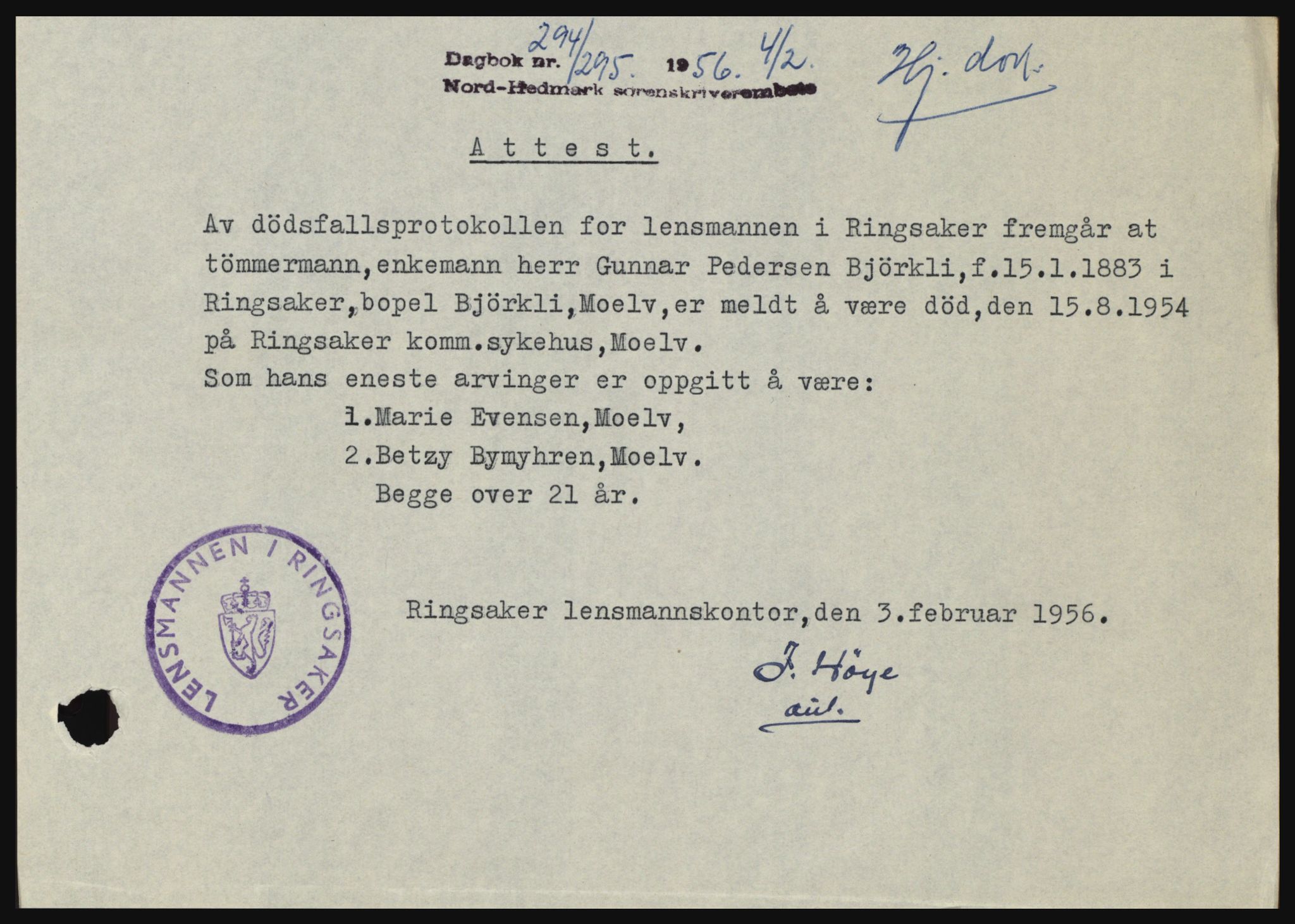 Nord-Hedmark sorenskriveri, SAH/TING-012/H/Hc/L0010: Pantebok nr. 10, 1955-1956, Dagboknr: 294/1956
