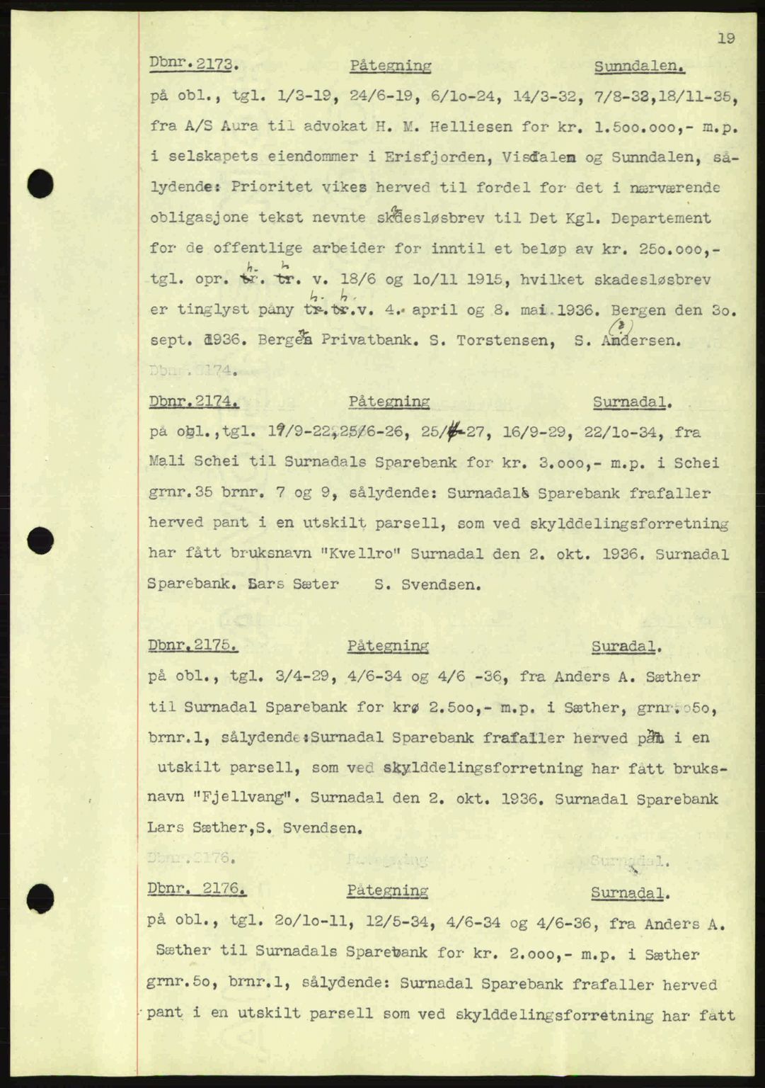 Nordmøre sorenskriveri, SAT/A-4132/1/2/2Ca: Pantebok nr. C80, 1936-1939, Dagboknr: 2173/1936