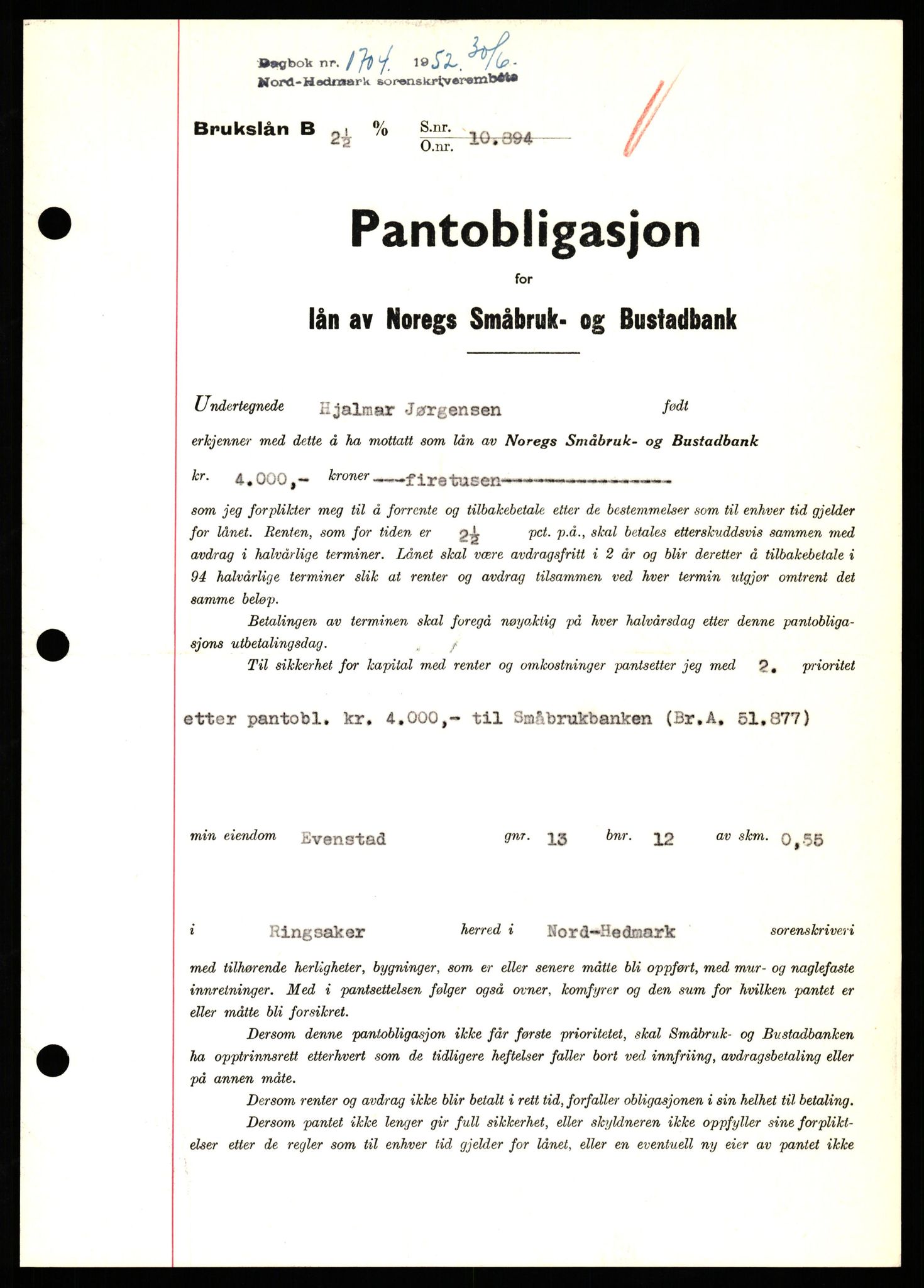 Nord-Hedmark sorenskriveri, SAH/TING-012/H/Hb/Hbf/L0025: Pantebok nr. B25, 1952-1952, Dagboknr: 1704/1952