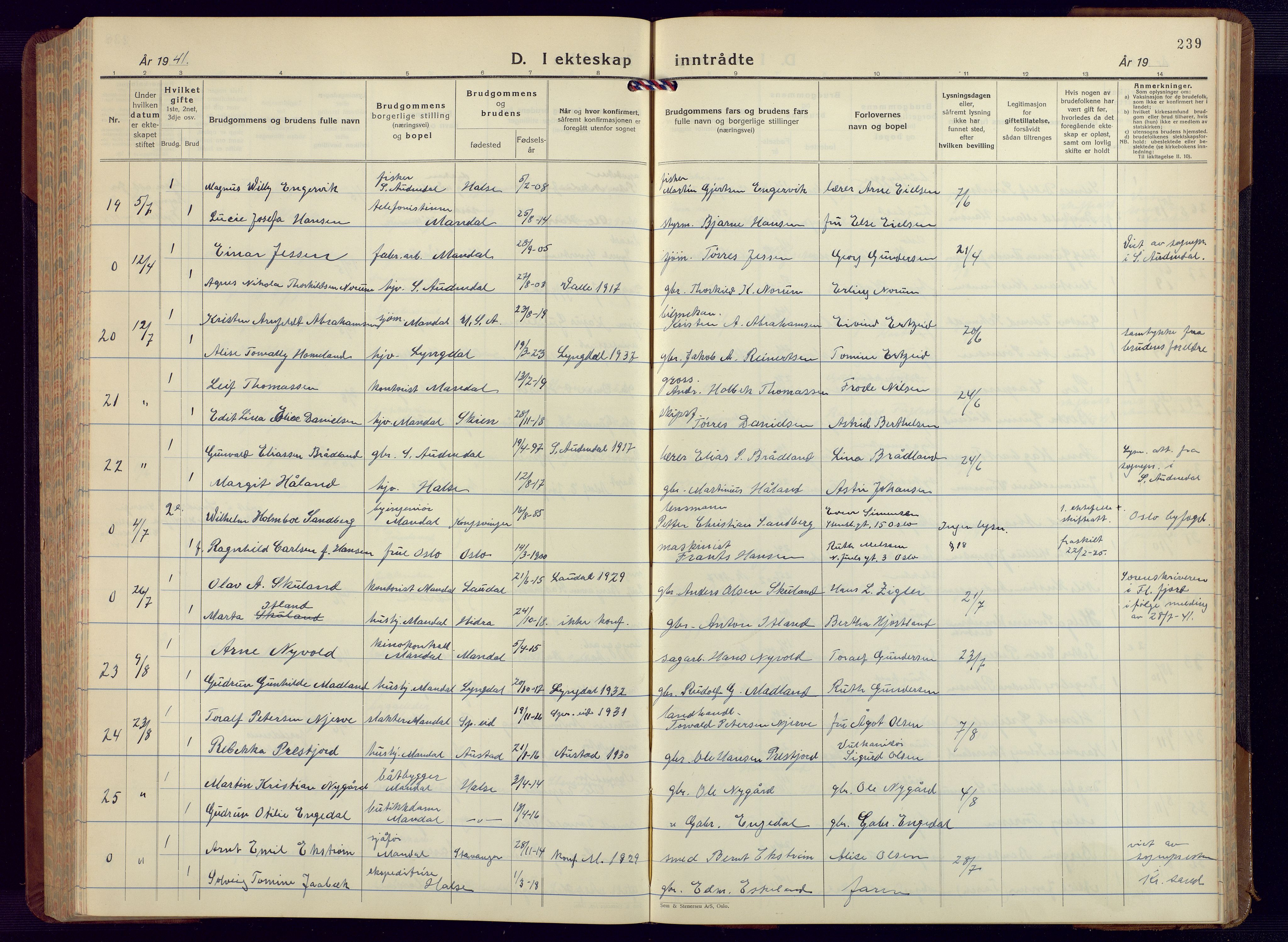 Mandal sokneprestkontor, AV/SAK-1111-0030/F/Fb/Fbc/L0002: Klokkerbok nr. B 2, 1931-1949, s. 239