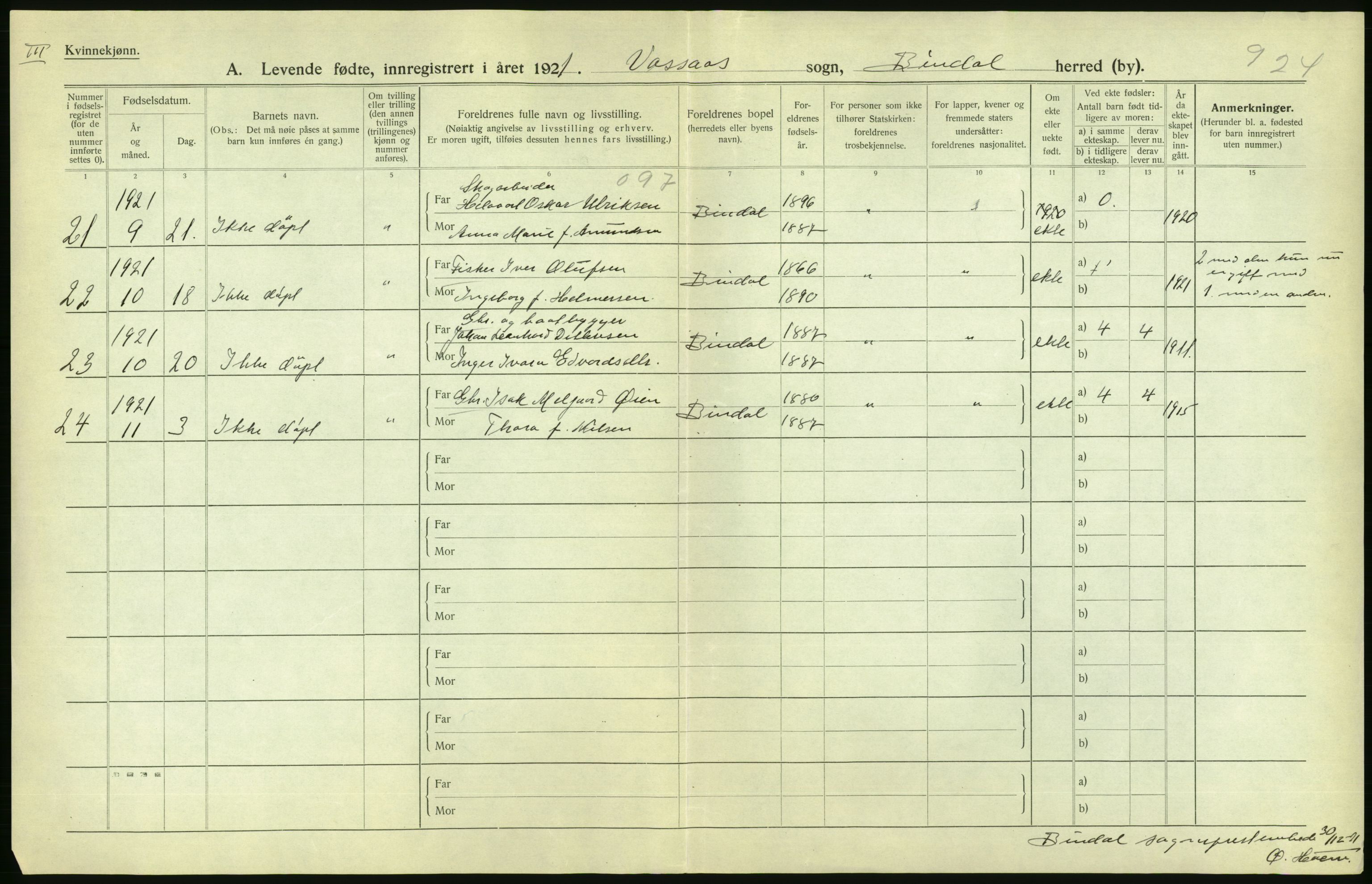 Statistisk sentralbyrå, Sosiodemografiske emner, Befolkning, AV/RA-S-2228/D/Df/Dfc/Dfca/L0049: Nordland fylke: Levendefødte menn og kvinner. Bygder., 1921, s. 6