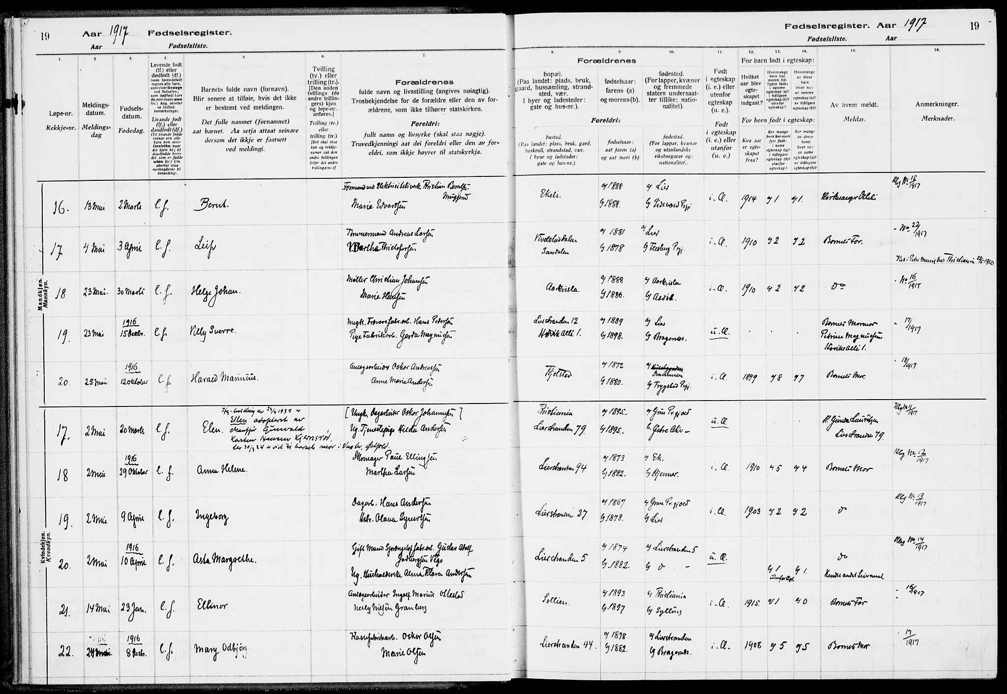 Lier kirkebøker, AV/SAKO-A-230/J/Ja/L0001: Fødselsregister nr. 1, 1916-1928, s. 19