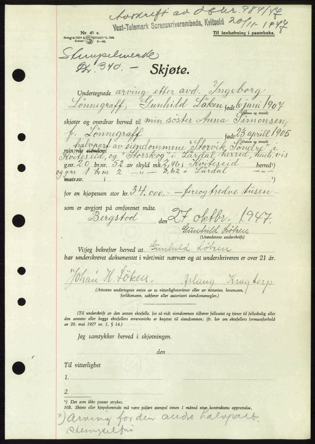 Vest-Telemark sorenskriveri, SAKO/A-134/G/Ga/Gac/L0008: Pantebok nr. A-8, 1947-1948, Dagboknr: 984/1947