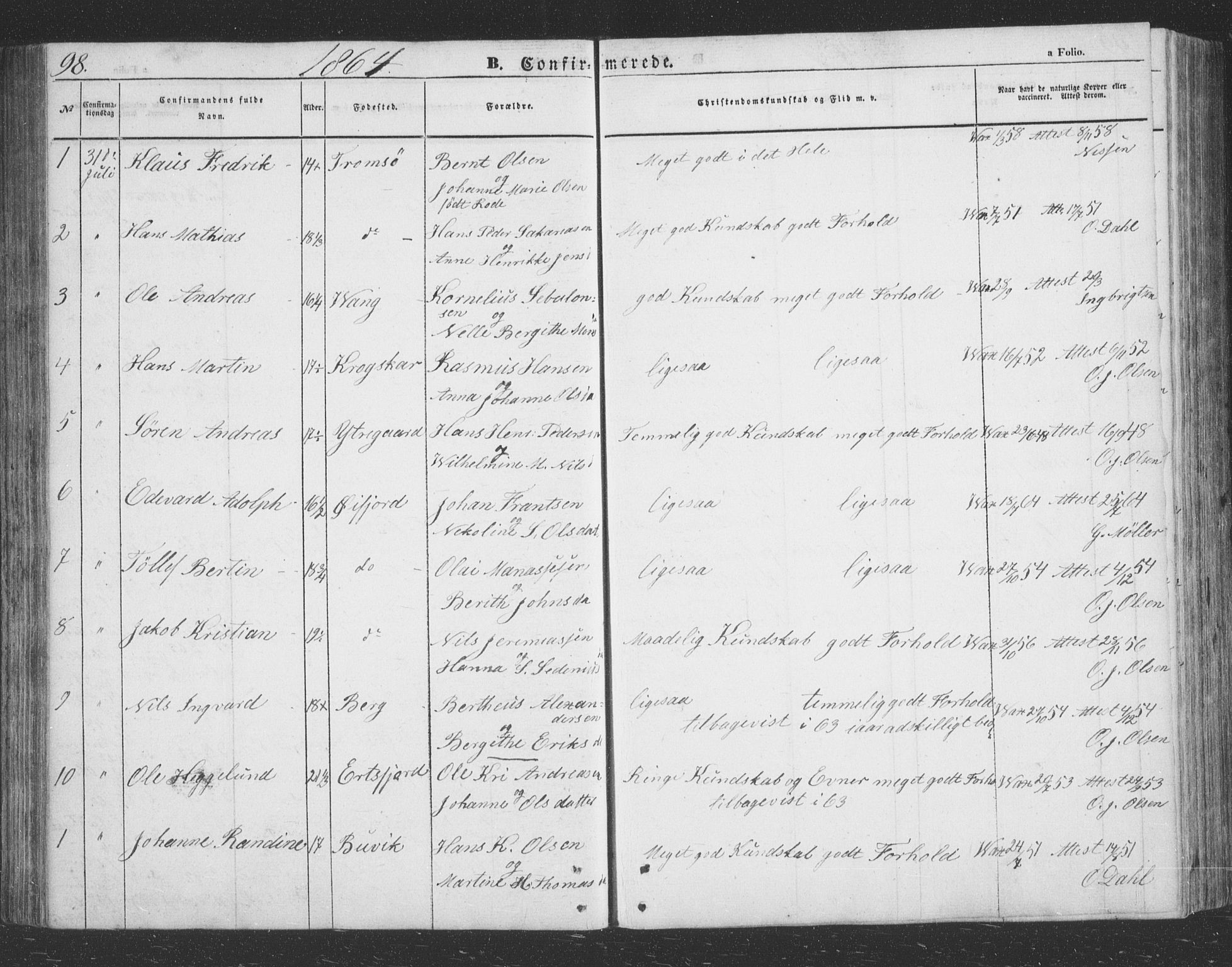 Lenvik sokneprestembete, AV/SATØ-S-1310/H/Ha/Hab/L0020klokker: Klokkerbok nr. 20, 1855-1883, s. 98