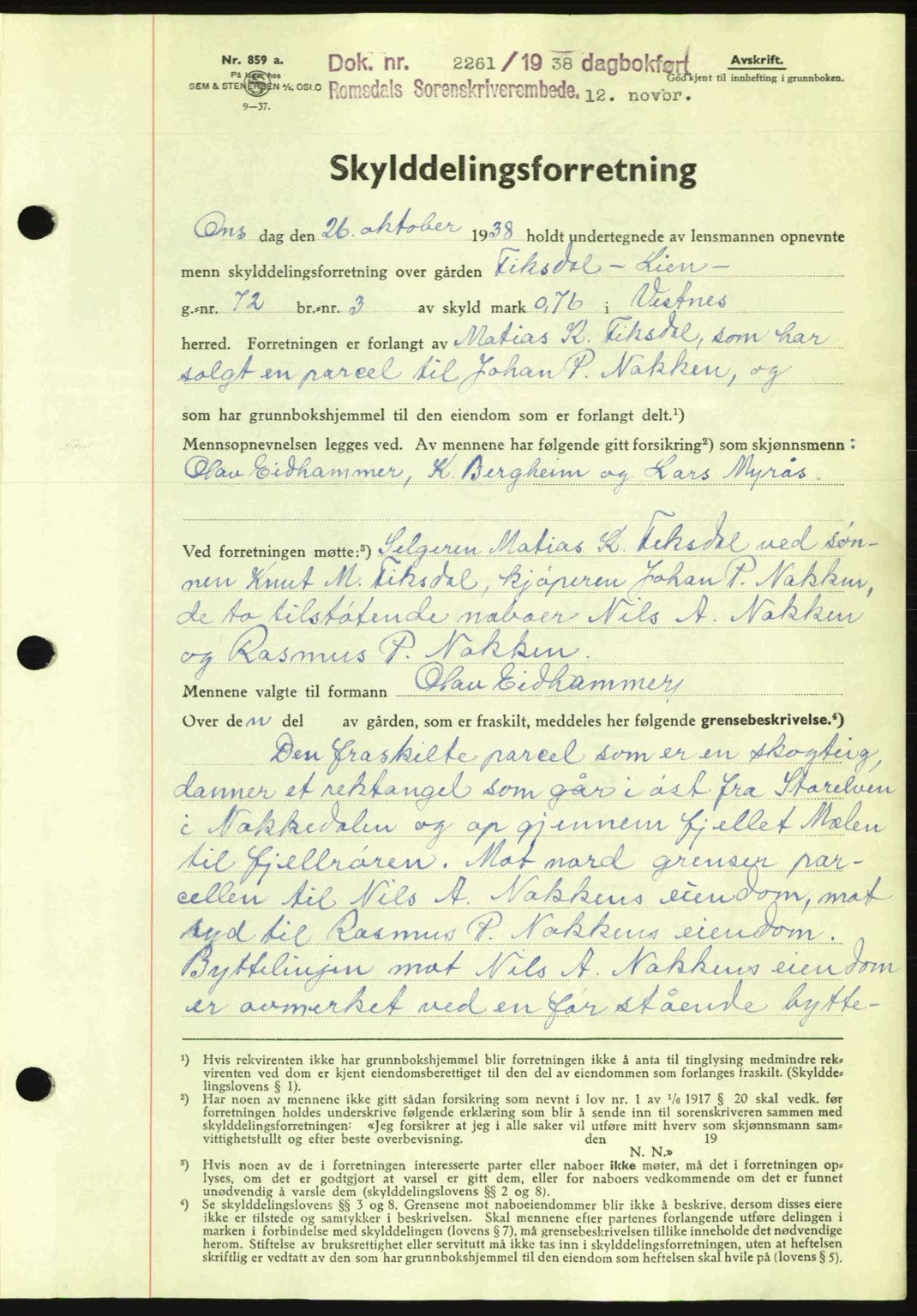 Romsdal sorenskriveri, SAT/A-4149/1/2/2C: Pantebok nr. A5, 1938-1938, Dagboknr: 2261/1938