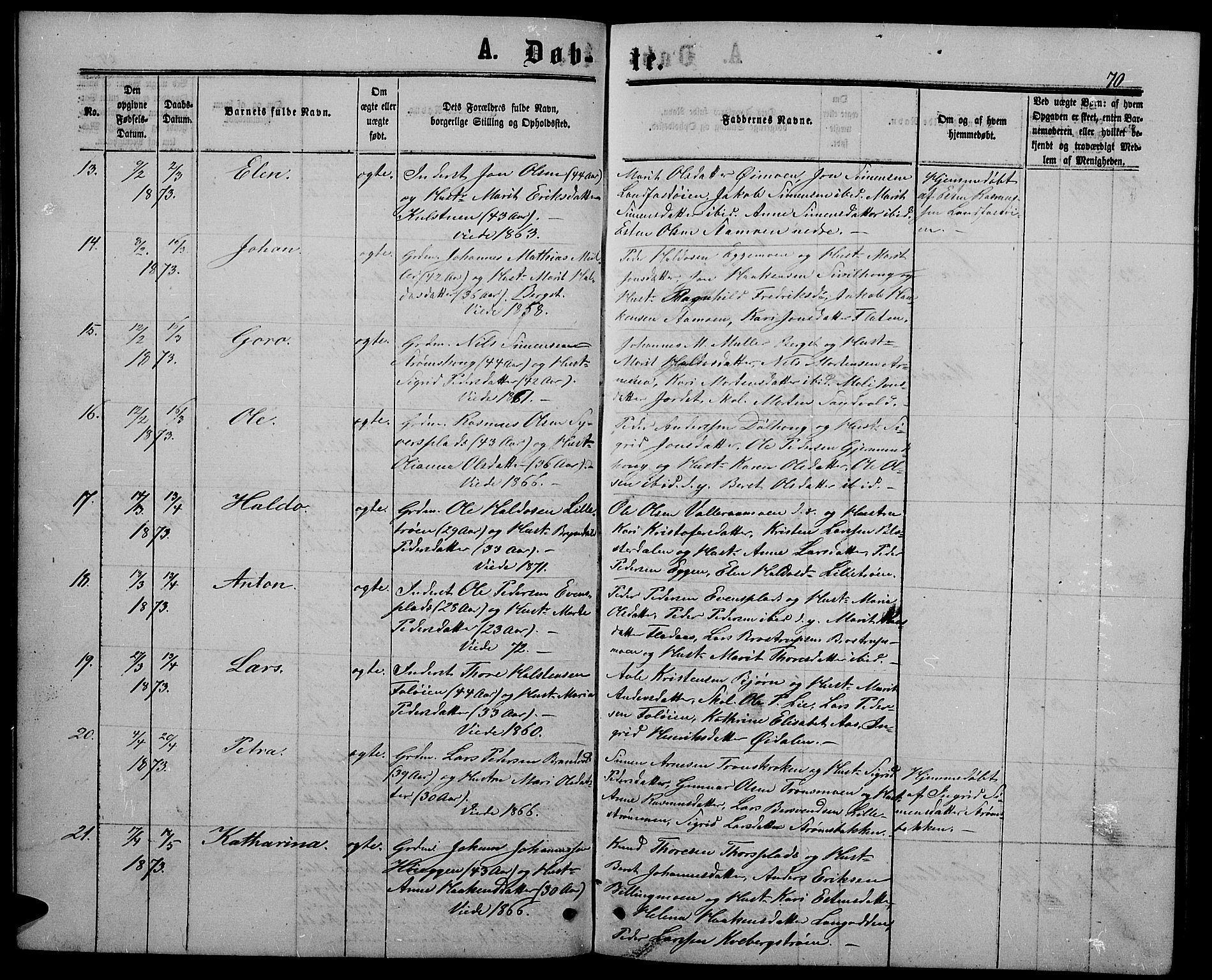 Alvdal prestekontor, SAH/PREST-060/H/Ha/Hab/L0002: Klokkerbok nr. 2, 1863-1878, s. 70