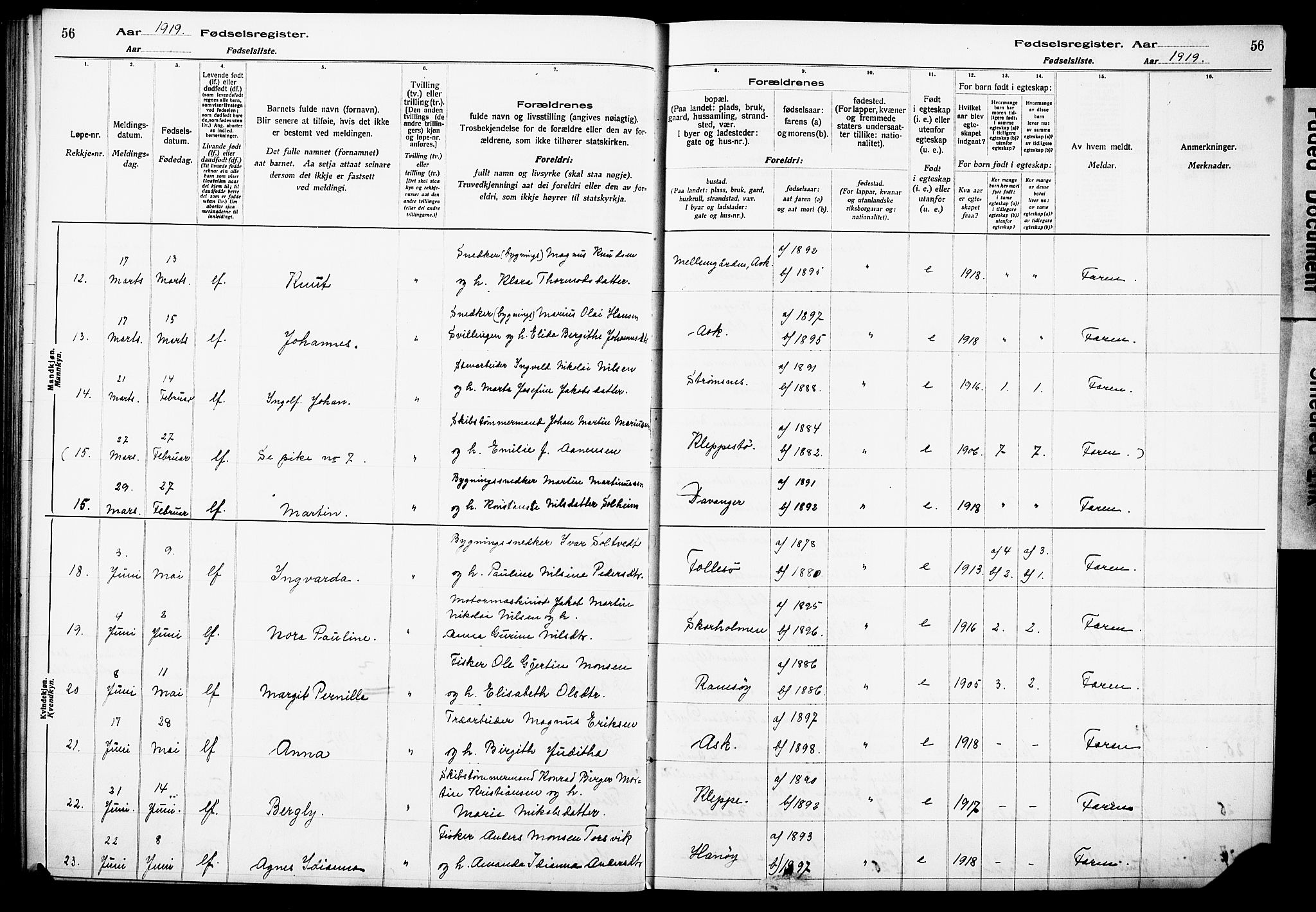 Askøy Sokneprestembete, AV/SAB-A-74101/I/Id/L00A1: Fødselsregister nr. A 1, 1916-1928, s. 56