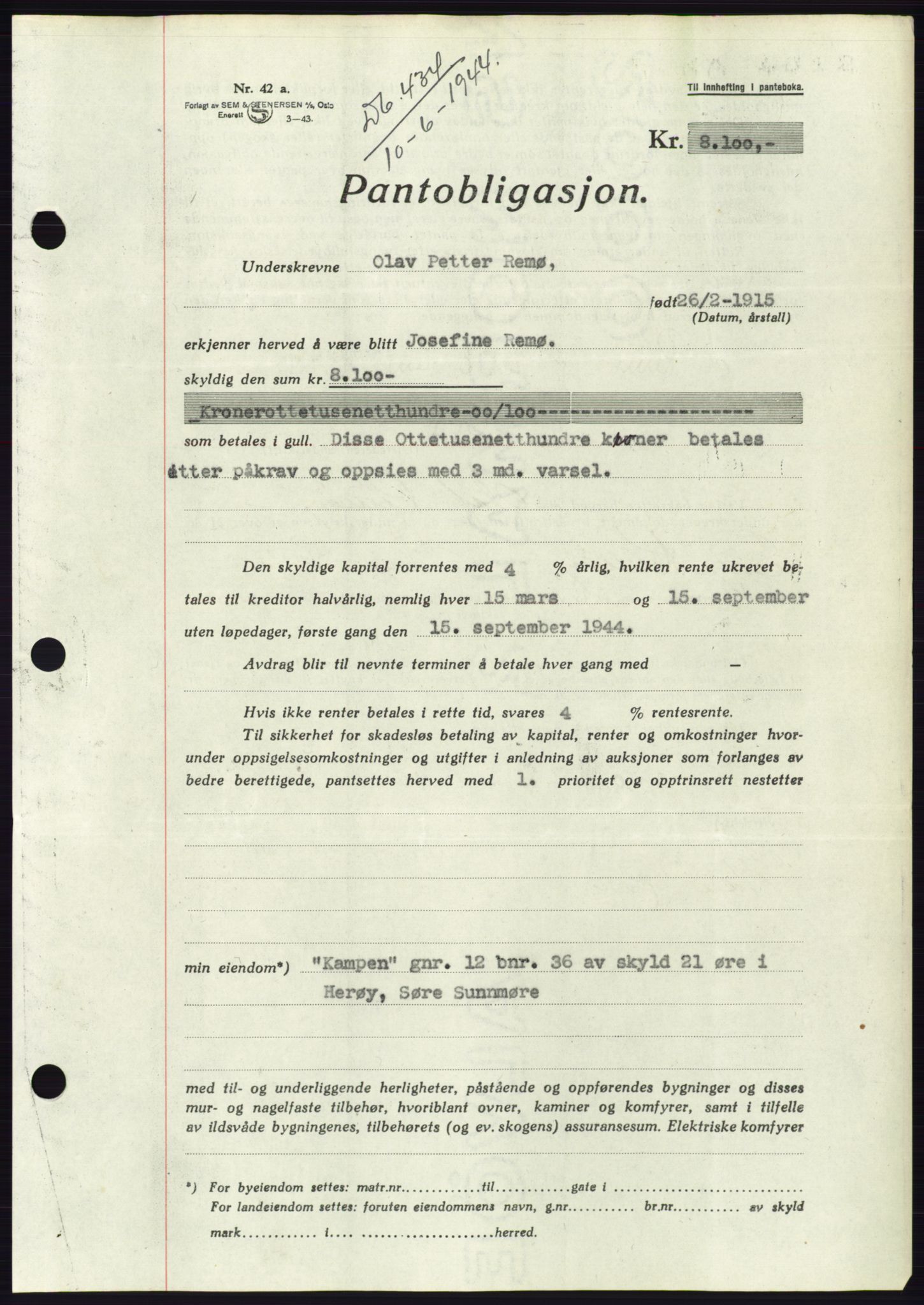 Søre Sunnmøre sorenskriveri, AV/SAT-A-4122/1/2/2C/L0114: Pantebok nr. 1-2B, 1943-1947, Dagboknr: 434/1944