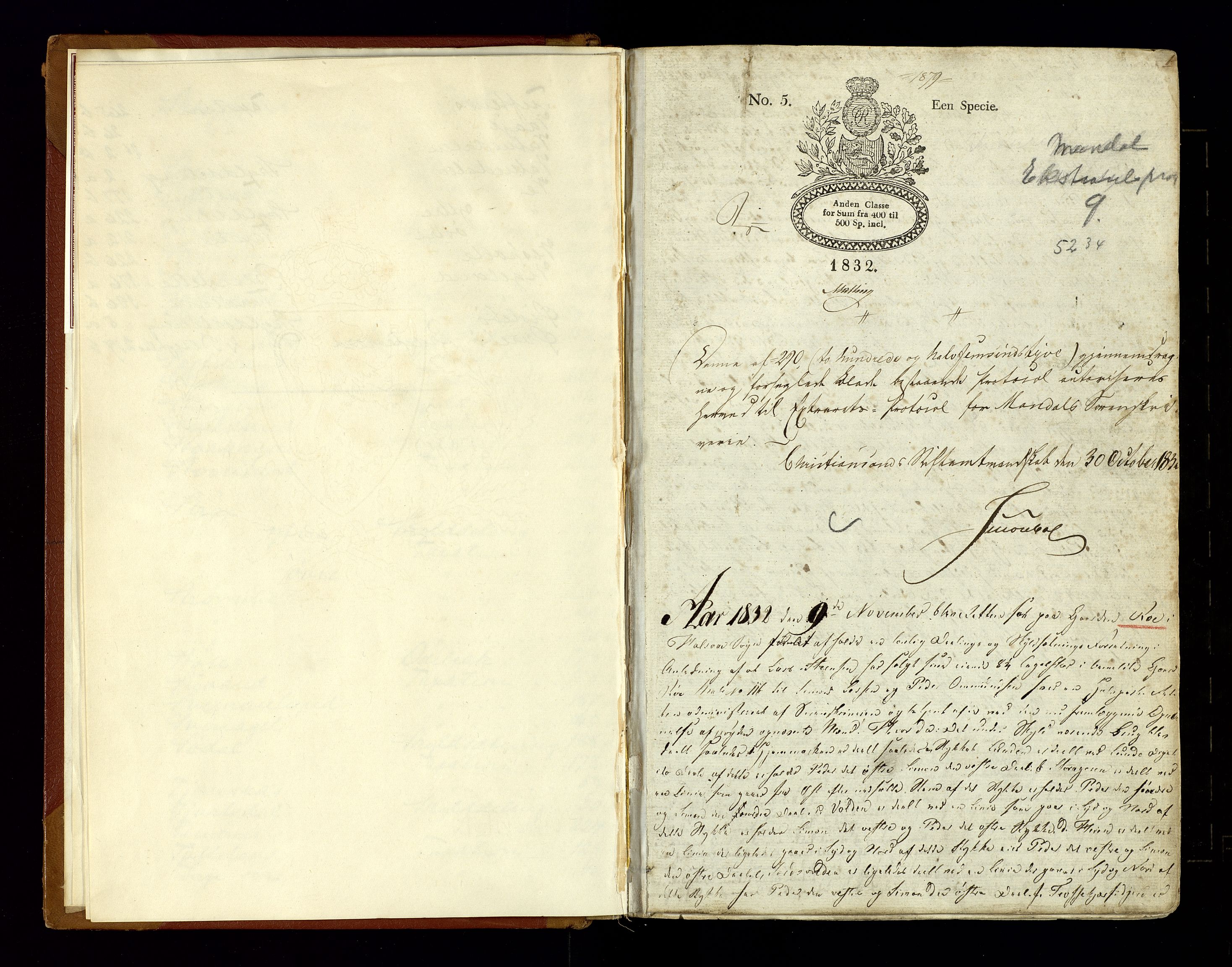 Mandal sorenskriveri, SAK/1221-0005/001/F/Fb/L0011: Ekstrarettsprotokoll med register for fast eiendom nr 9, 1832-1838, s. 1