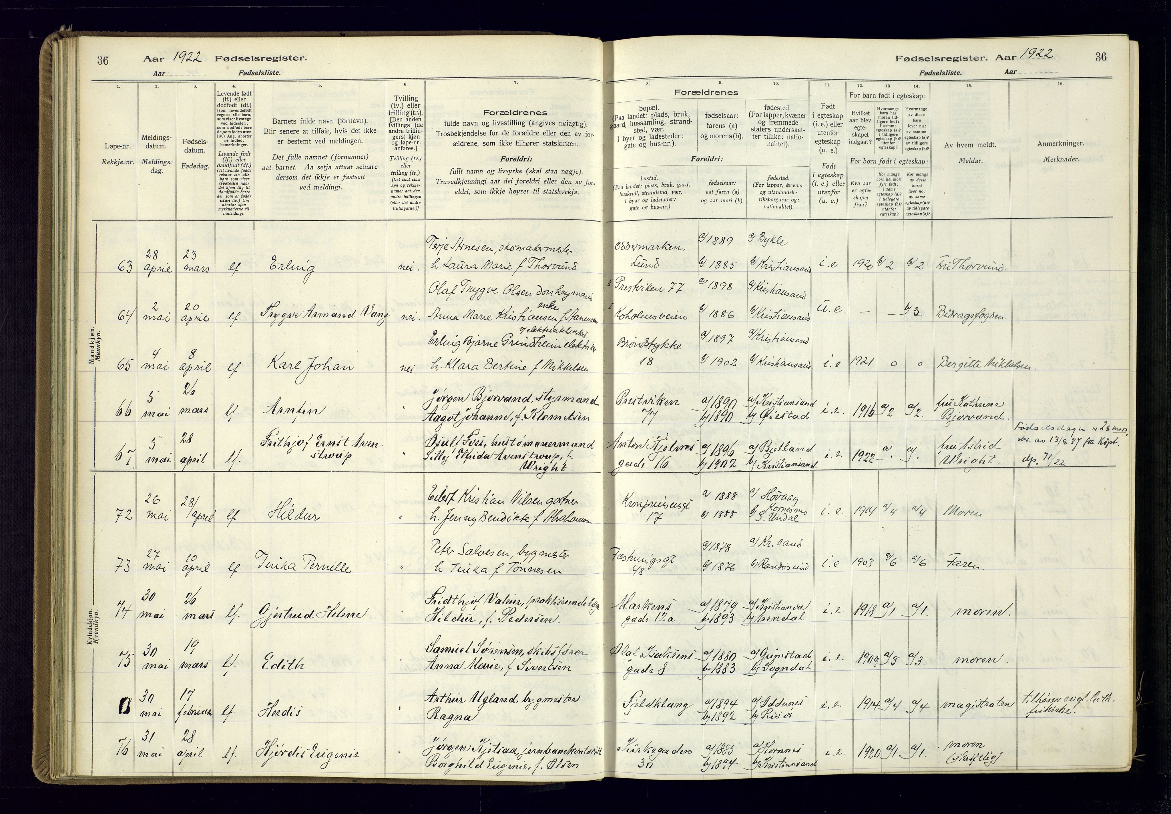 Kristiansand domprosti, AV/SAK-1112-0006/J/Jc/L0002: Fødselsregister nr. A-VI-46, 1921-1926, s. 36