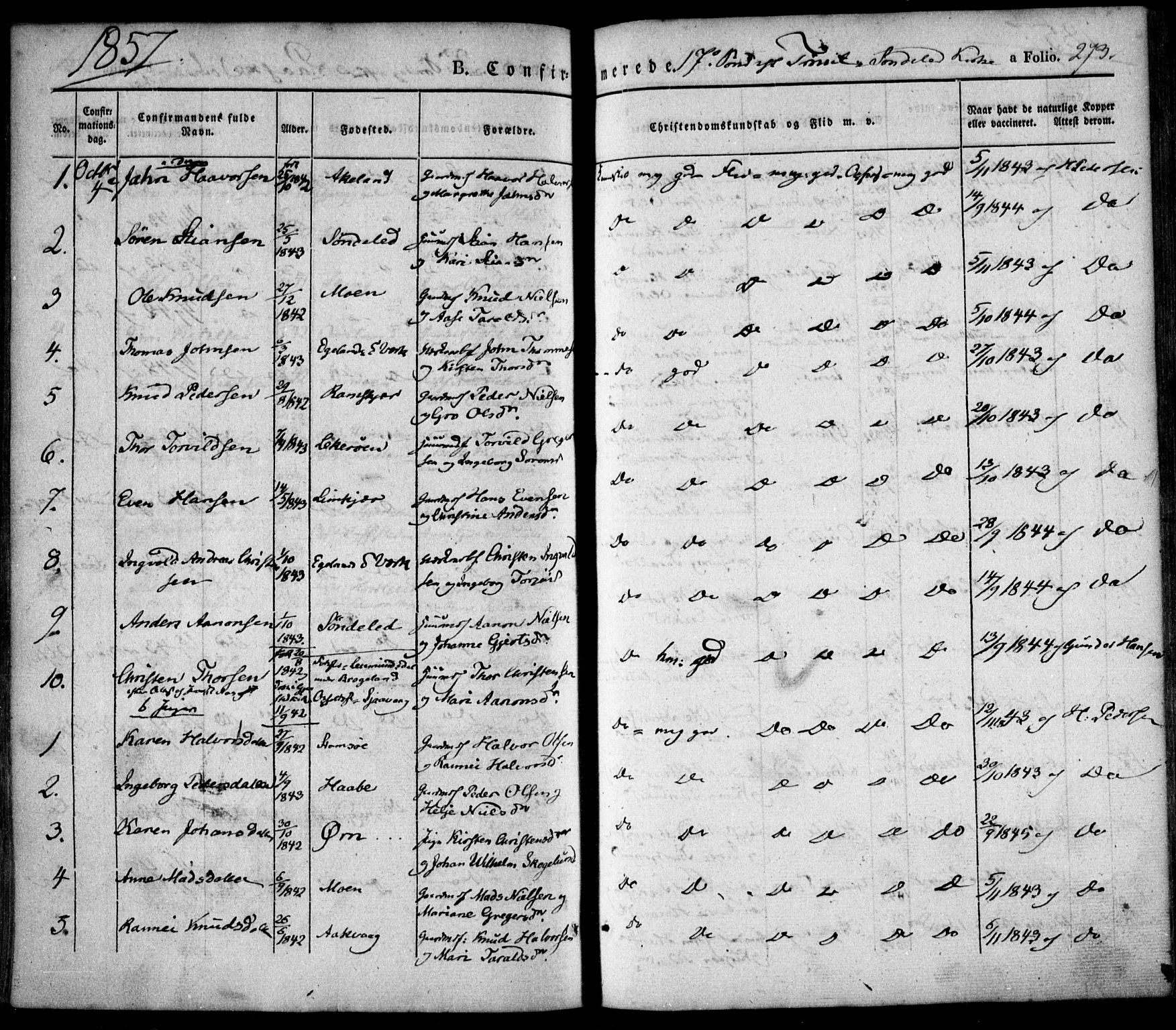 Søndeled sokneprestkontor, AV/SAK-1111-0038/F/Fa/L0002: Ministerialbok nr. A 2, 1839-1860, s. 273