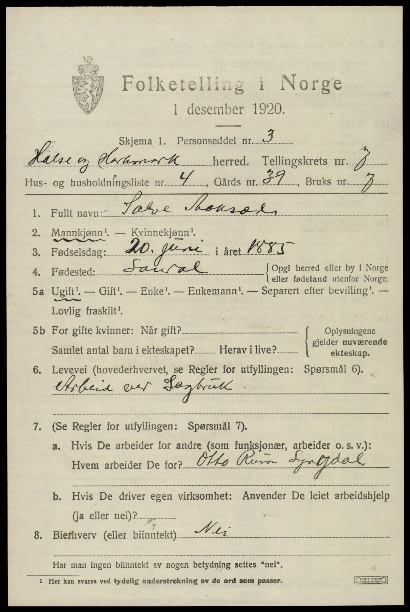 SAK, Folketelling 1920 for 1019 Halse og Harkmark herred, 1920, s. 3743