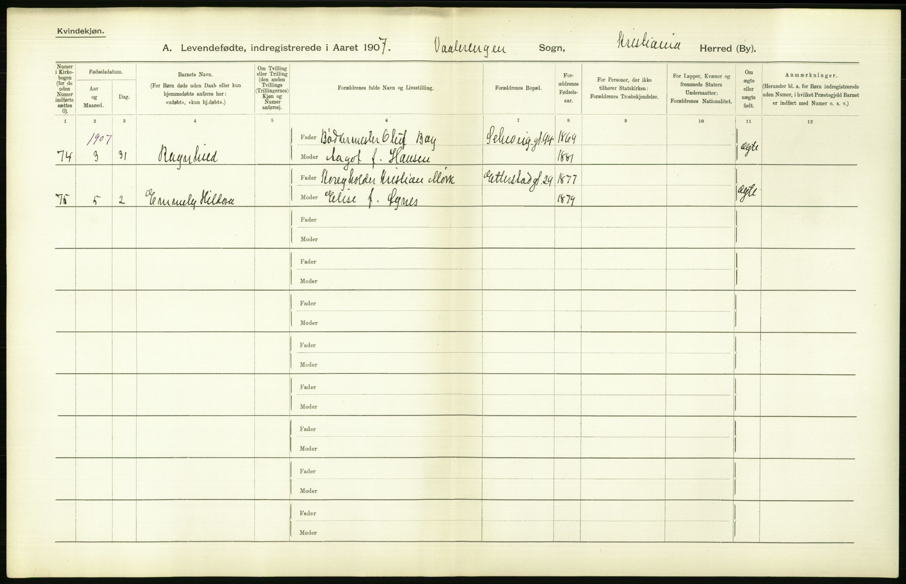 Statistisk sentralbyrå, Sosiodemografiske emner, Befolkning, AV/RA-S-2228/D/Df/Dfa/Dfae/L0007: Kristiania: Levendefødte menn og kvinner., 1907, s. 562