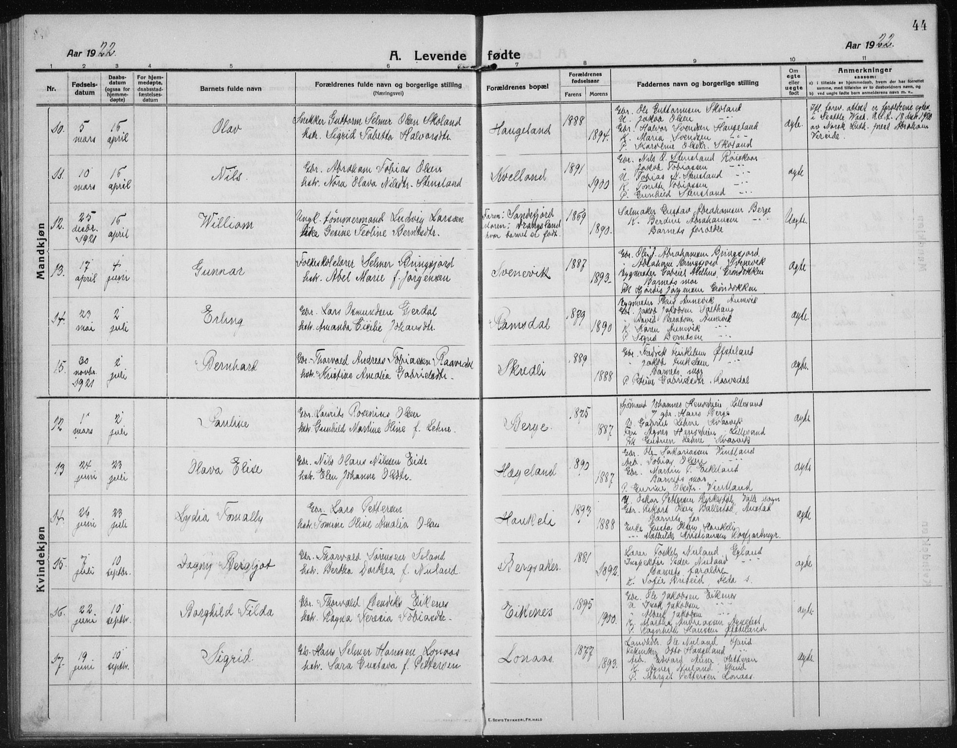 Lyngdal sokneprestkontor, AV/SAK-1111-0029/F/Fb/Fbc/L0006: Klokkerbok nr. B 6, 1914-1934, s. 44