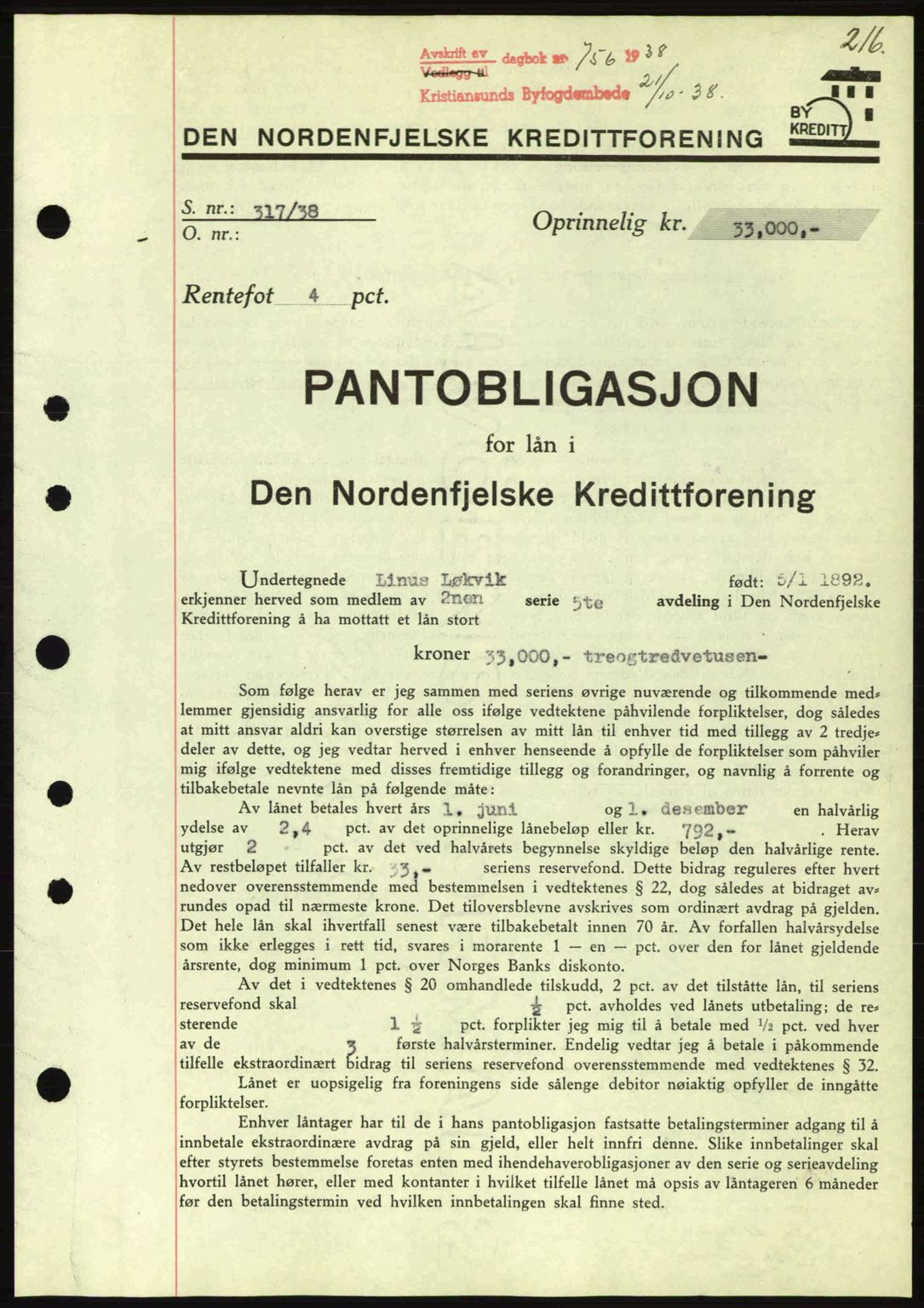 Kristiansund byfogd, SAT/A-4587/A/27: Pantebok nr. 31, 1938-1939, Dagboknr: 756/1938