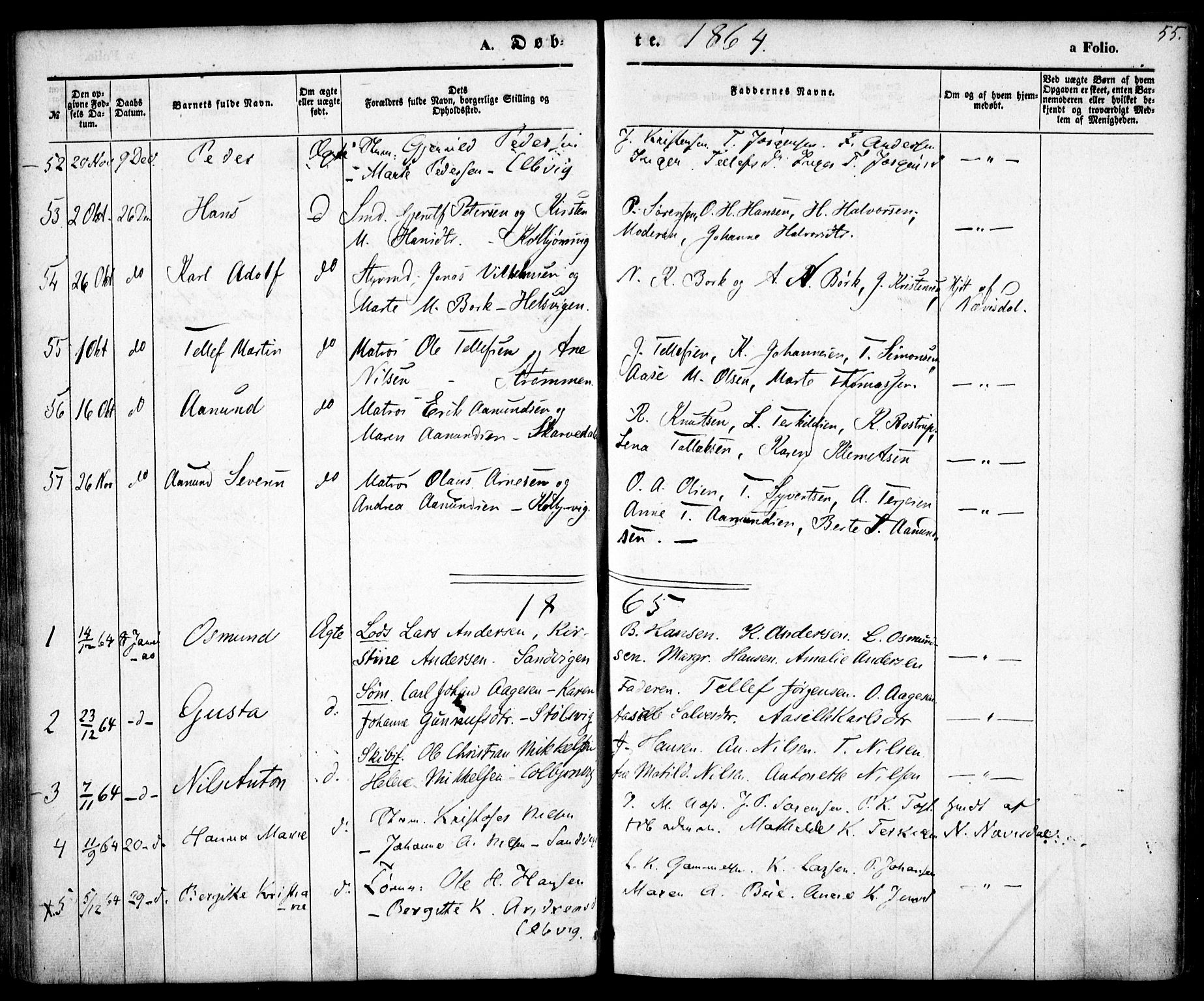 Hisøy sokneprestkontor, AV/SAK-1111-0020/F/Fa/L0001: Ministerialbok nr. A 1, 1849-1871, s. 55