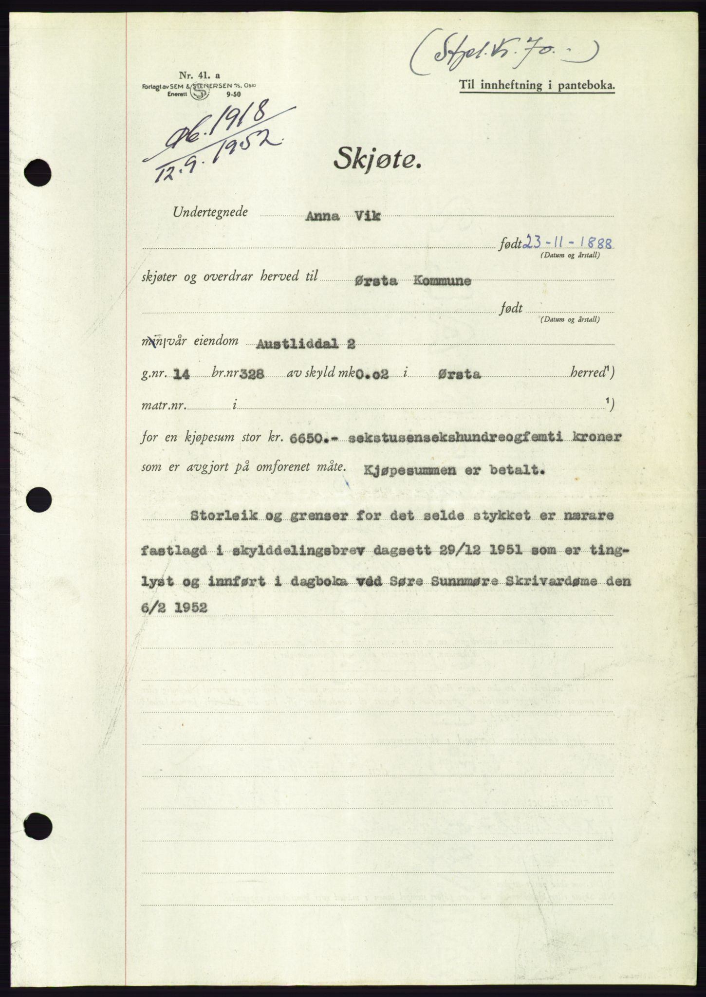 Søre Sunnmøre sorenskriveri, AV/SAT-A-4122/1/2/2C/L0093: Pantebok nr. 19A, 1952-1953, Dagboknr: 1918/1952