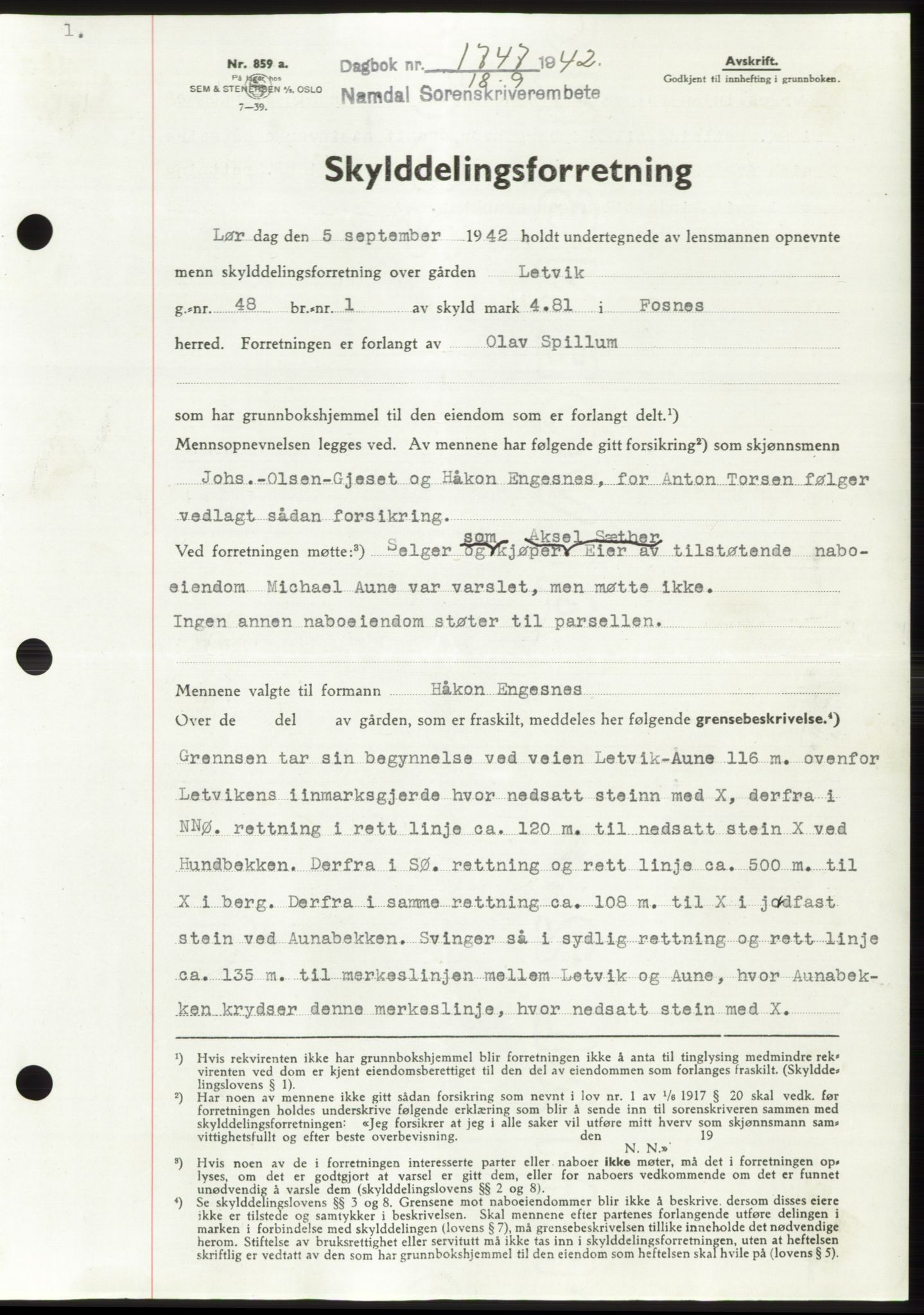 Namdal sorenskriveri, SAT/A-4133/1/2/2C: Pantebok nr. -, 1942-1943, Dagboknr: 1747/1942