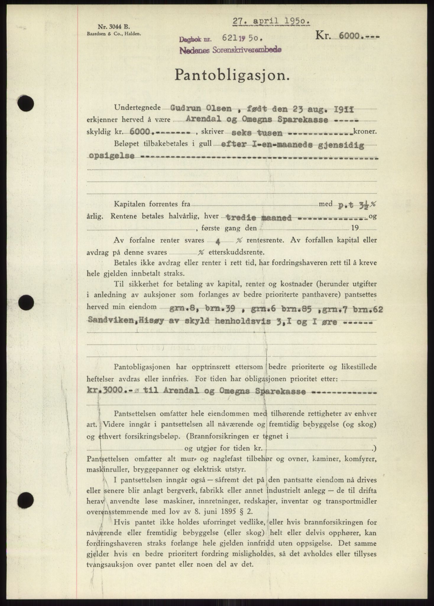Nedenes sorenskriveri, SAK/1221-0006/G/Gb/Gbb/L0007: Pantebok nr. B7, 1949-1950, Dagboknr: 621/1950