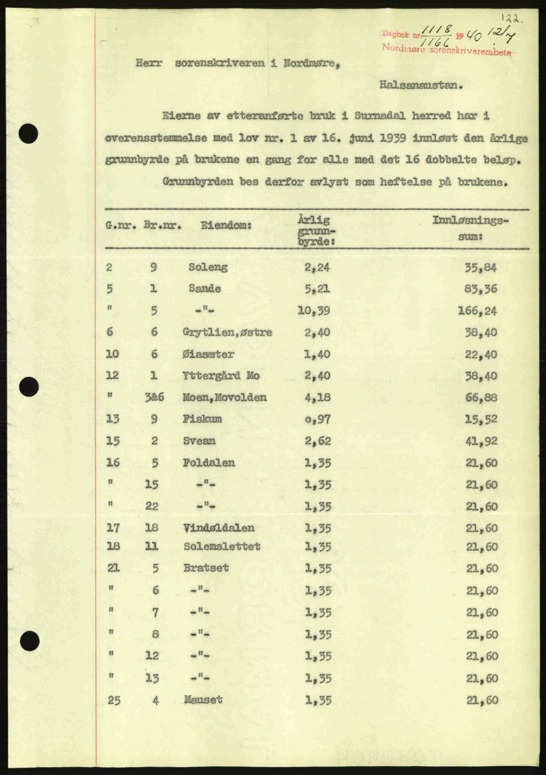 Nordmøre sorenskriveri, AV/SAT-A-4132/1/2/2Ca: Pantebok nr. B87, 1940-1941, Dagboknr: 1118/1940